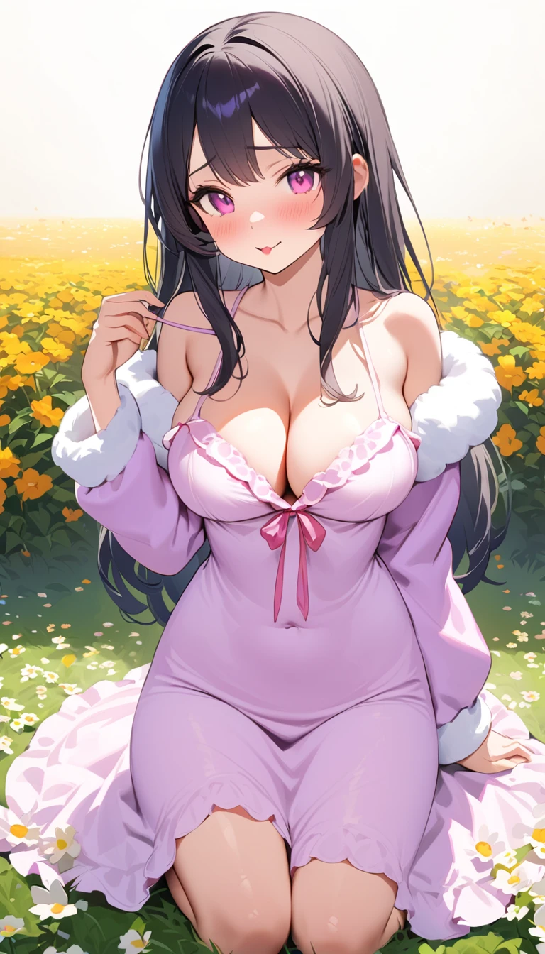 {{{{{16k,Ultra High-resolution realistic romantic photo of neat kneeling Girl in loungewear as a pure embarrasslng virgin as pretty as a actress in the flower field, The way she embarrassed herself is adorable, she transforms into a cute girl of third ranks higher and radiates glowing charm, expressing femininity all over her body while being made into an adult, The more shy she is, the smaller and neatly her face becomes}}}}},{{Extremely detailed}},{{{{{dye her cheeks flush and integrated her head pure small, thick lips, Enchanting thick gross idol's Lips}}}}},{{{{{the best glossy bang neat straight virgin hair}}}}},{{{{{She get more attractive and smoother her body, The bigger her tits get, the thinner her bare waist gets, her breasts have become large, soft, and cleavage-like as she's carefully rubbed them, She's trying to make a cleavage with her hands over her growing white tits, she is transformed into a pure virgin, and her expression and appearance are transformed into that of a pure, unused virgin, so clean and pure, Her white tits are so fluffy that they overflow if not lifted up, and are depicted in great detail, She's the cutest in her loungewear, embarrassed by her adorably overflowing white tits that she can't contain}}}}