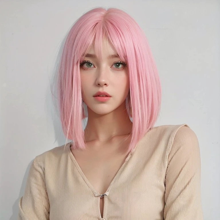 young woman, short shoulder-length pink hair, wide forehead, porcelain skin, pink eyebrows, big emerald green eyes, buttoned nose, full lips, heart-shaped face, slender body, small breasts, red tank top, Sakura Haruno , realistic, realism, details, 3d, well detailed
