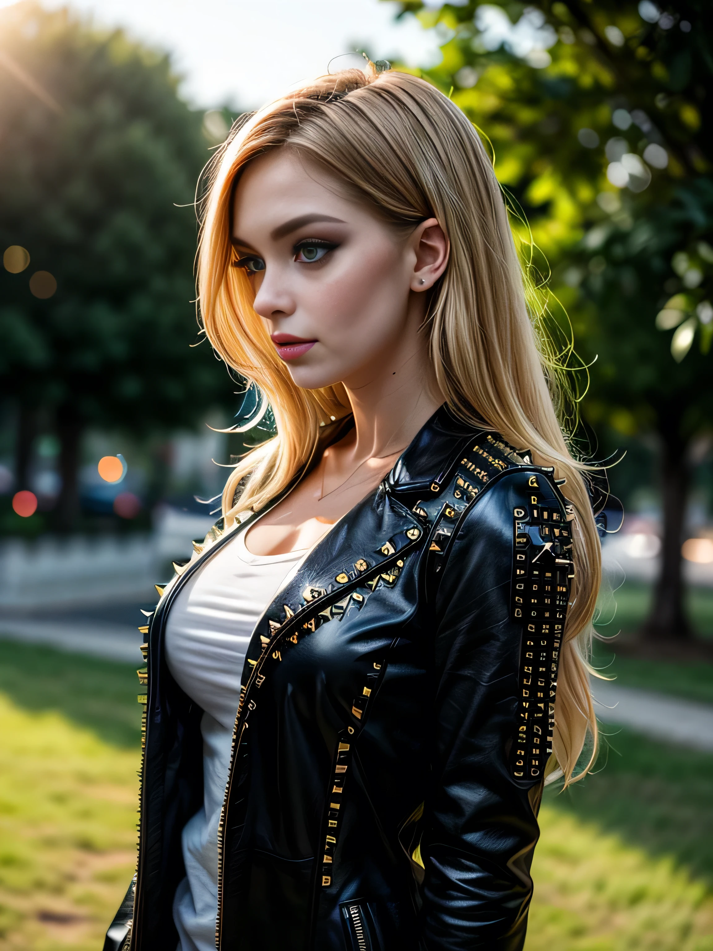 (masterpiece, photorealistic:1.4, extremely intricate:1.3, radiosity, photon mapping, dtx), ((20 year old muscular supermodel, ((25 years old), serious, long eyelashes, makeup:1.3), black leather trench coat, cleavage t-shirt, ((((chrome rivets)), side view:0.8, from below)))), ((([skin detail:freckles:0.7], portrait, closeup))), outdoor, park, faraway lake, professional photograph, (long curly [blonde hair:orange hair:0.2], wind), BREAK ((sunset), bokeh, blurry background), BREAK, ((([medium breasts:large breasts:0.9])))