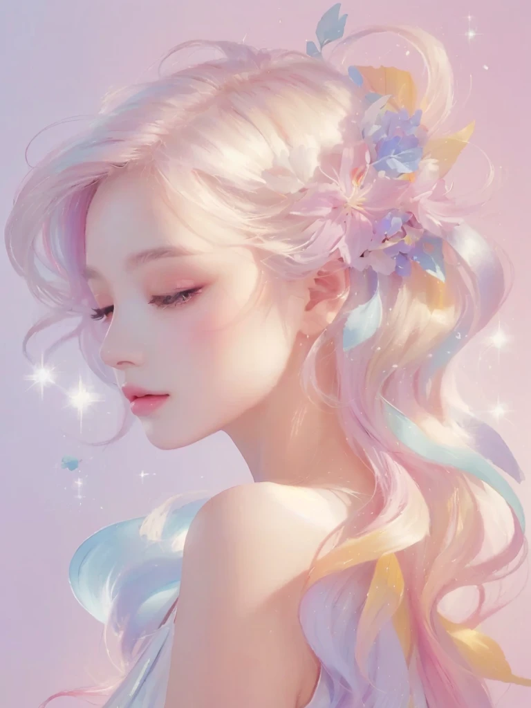 Long hair、Close-up of a woman with flowers in her hair, rossdraws pastel vivid, Beautiful artwork illustration, Beautiful digital illustrations, Inspired by Yanjun Chen, Beautiful anime portraits, Soft anime illustration, Exquisite digital illustrations, Heavenly Beauty, In the art style of Bouwater, Beautiful fantasy art portraits, Pastel drawing, Beautiful digital painting