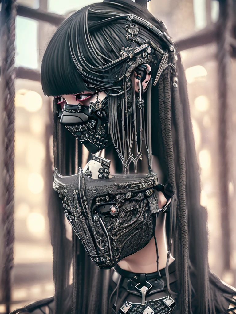 Highest quality、8K、masterpiece：1.3、Gothic Punk、The inside color is red、Black-haired、hair ornaments、Beautiful girl、creative、Dark Fantasy Style、Neogoth、Goth Fashion：1.2、High resolution、masterpiece、Highest quality、頭w:1.3、((Hasselblad Photos))、Fine skin、Sharp focus、(Cinematic lighting)、Realistic textured hair、((Black Mask)),Esbian all over、((View from below))