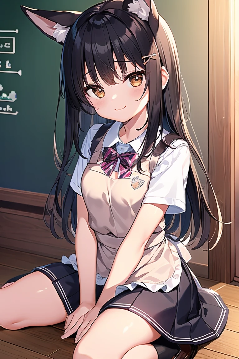 ((Masterpiece, Highest quality, nonsense, high resolution, Awesome details, high resolution, very fine 8K CG wallpaper)), 1 woman, alone,Puffing out his cheeks in anger、 long hair, black hair, brown eyes,fox ears、animal ears、 separated bangs, hair accessories, smile, :is, small breasts, tits、Primary 、Apron with open front,Show your breasts、 hairpin, white shirt, Checkered pattern mini skirt, brown shoes, school、 classmate, classmate, Beautiful hands, perfect hand,ไม่มีtrousersใน、&#39;trousers、peeing、pee、