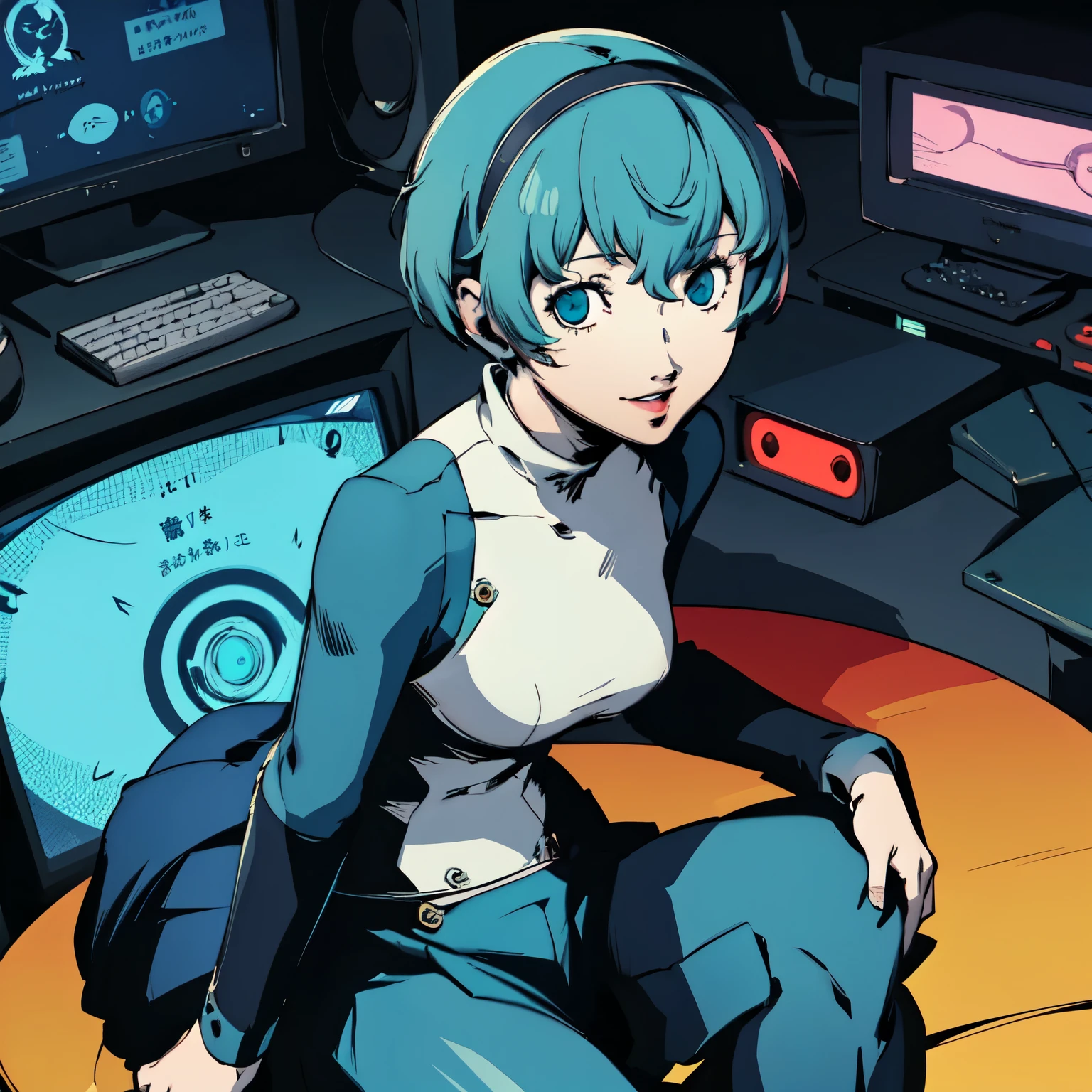 ((P3 Yamagishi Fuuka)),masterpiece, ((best quality)),((1 girl)), blue eyes, light aqua hair, female , tomboy Pixie haircut, deep blue suit,smiling,hacker,in the,dark room,sitting,looking monitor,long skirt,sexy,
