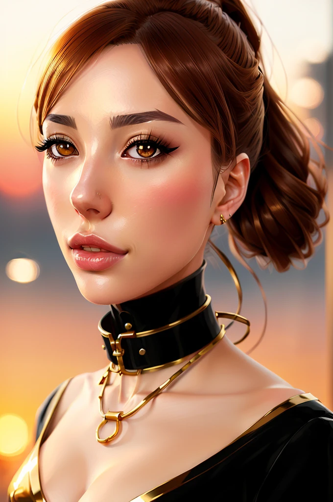 portrait, posture collar ball gag harness front , shoulders, golden hour, sunset, bokeh glamorous beautiful face, modern anime, fantasy, intricate, elegant, amazing detail, digital painting, artstation, concept art, smooth, sharp focus