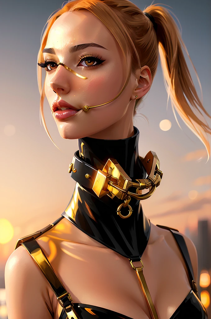 portrait, posture collar ball gag harness front , shoulders, golden hour, sunset, bokeh glamorous beautiful face, modern anime, fantasy, intricate, elegant, amazing detail, digital painting, artstation, concept art, smooth, sharp focus