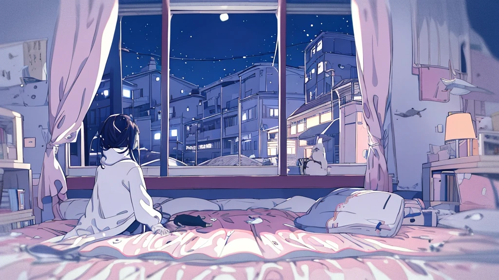 Detailed anime girls, clad in large sweaters, don headband headphones, basking in the praises of admirers. The quiet ambiance, enveloped in a tranquil atmosphere, contrasts the sudden exclamation of "That's horrible!" as she gazes out of her bedroom window into the stillness of the night. A feline companion perched beside her completes this masterpiece of the highest quality.
