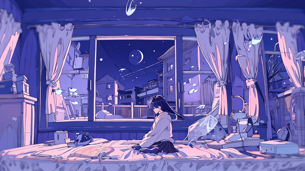 Detailed anime girls, clad in large sweaters, don headband headphones, basking in the praises of admirers. The quiet ambiance, enveloped in a tranquil atmosphere, contrasts the sudden exclamation of "That's horrible!" as she gazes out of her bedroom window into the stillness of the night. A feline companion perched beside her completes this masterpiece of the highest quality.