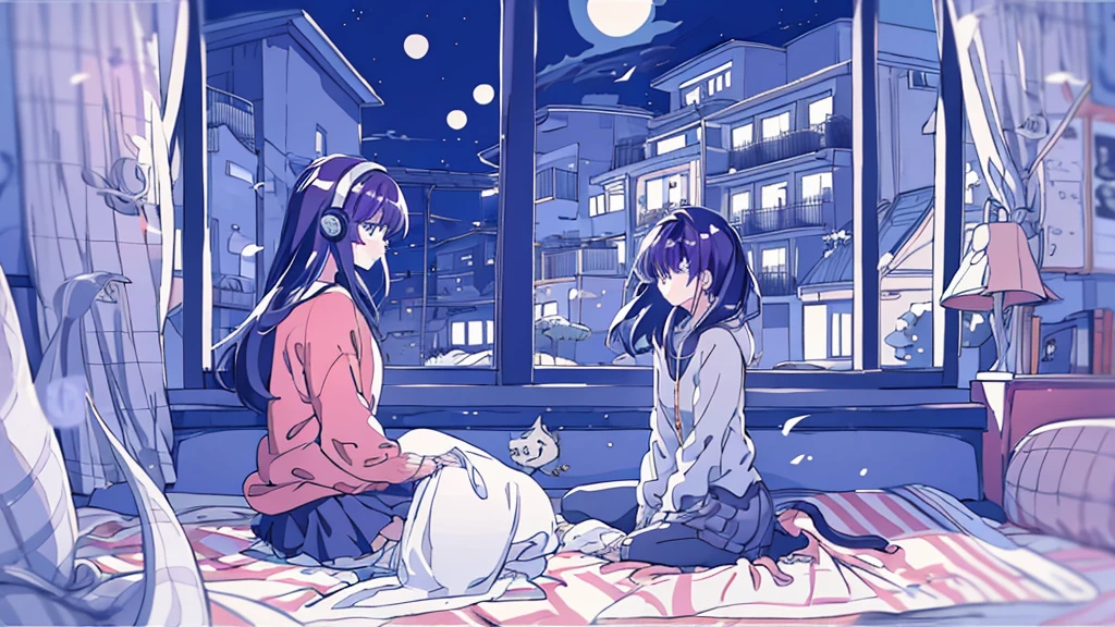Detailed anime girls, clad in large sweaters, don headband headphones, basking in the praises of admirers. The quiet ambiance, enveloped in a tranquil atmosphere, contrasts the sudden exclamation of "That's horrible!" as she gazes out of her bedroom window into the stillness of the night. A feline companion perched beside her completes this masterpiece of the highest quality.