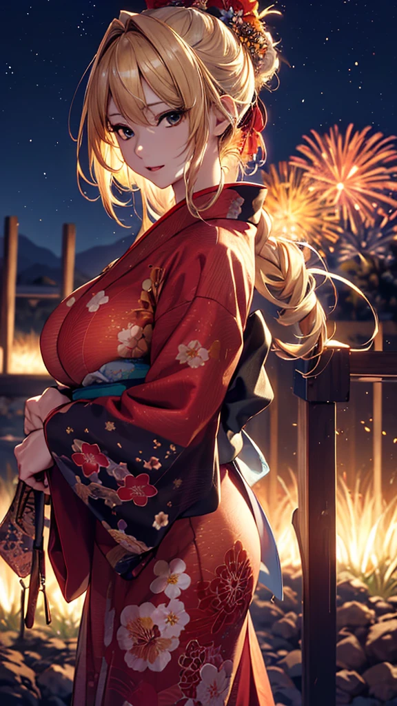 masterpiece, high quality, 4K, Beautiful design, silhouette,blonde, 非常に詳細な夜のStarry Sky,Flower Field, wonderful, Finer details, Very knowledgeable woman, Highly detailed solo, 1 female,Big Breasts,Red color yukata,Night view,Starry Sky,Fireworks in the background,