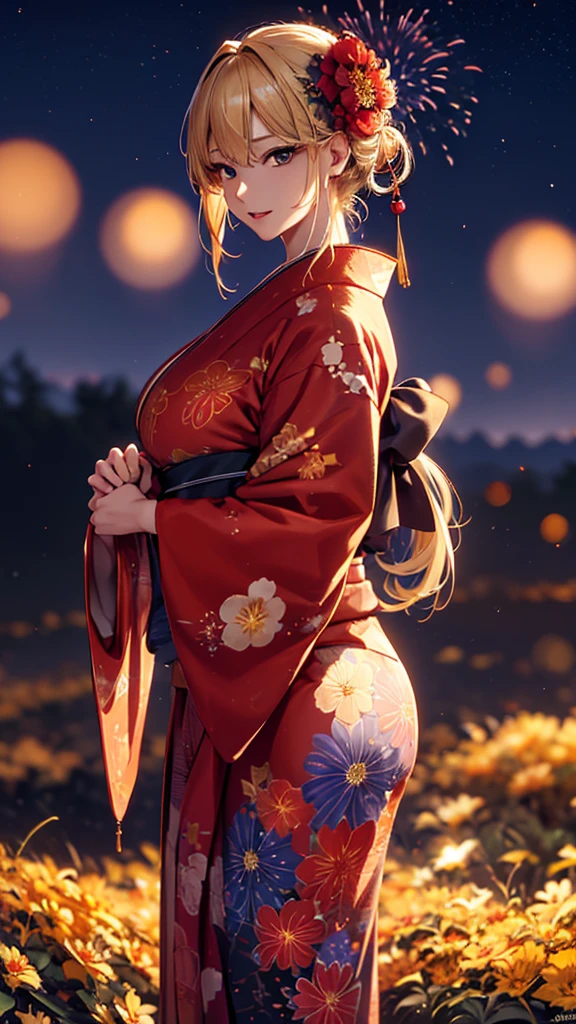 masterpiece, high quality, 4K, Beautiful design, silhouette,blonde, 非常に詳細な夜のStarry Sky,Flower Field, wonderful, Finer details, Very knowledgeable woman, Highly detailed solo, 1 female,Big Breasts,Red color yukata,Night view,Starry Sky,Fireworks in the background,
