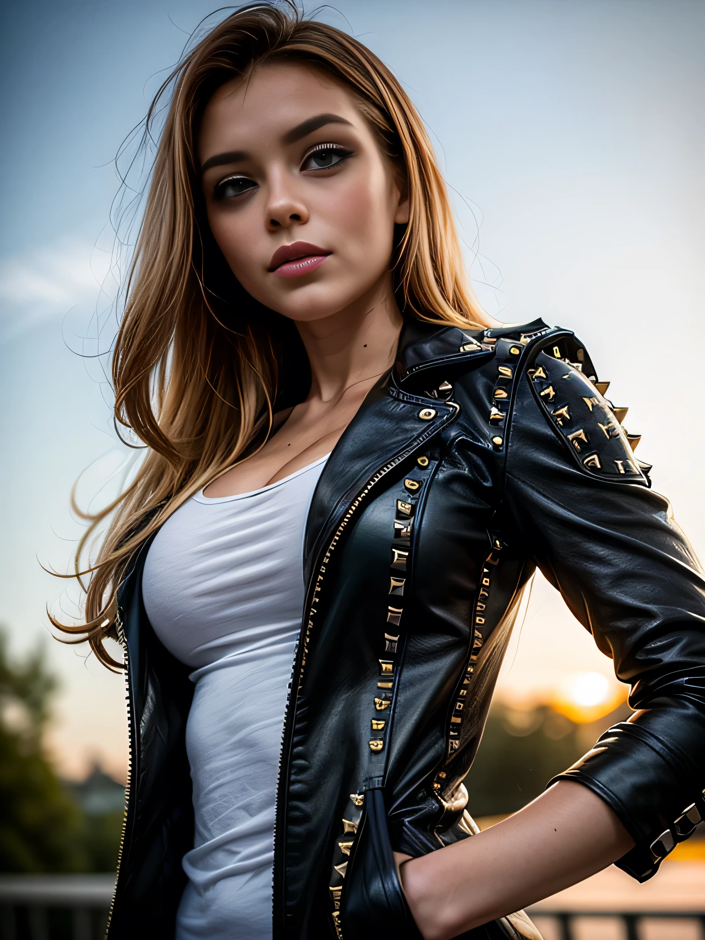 (masterpiece, photorealistic:1.4, extremely intricate:1.3, radiosity, photon mapping, dtx), ((20 year old muscular supermodel, ((25 years old), serious, long eyelashes, makeup:1.3), black leather trench coat, cleavage t-shirt, ((((chrome rivets)), side view:0.8, from below)))), ((([skin detail:freckles:0.7], portrait, closeup))), outdoor, park, faraway lake, professional photograph, (long curly [blonde hair:orange hair:0.2], wind), BREAK ((sunset), bokeh, blurry background), BREAK, ((([medium breasts:large breasts:0.9])))