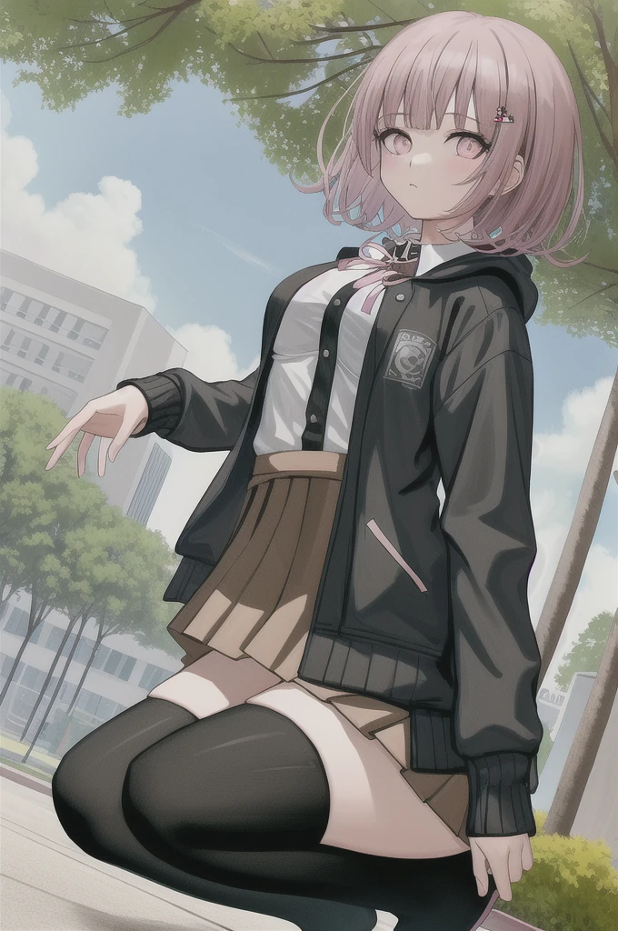 1girl, solo, hair ornament, shirt, jacket, ribbon, skirt, dress shirt, pink ribbon, open clothes, pleated skirt, white shirt, neck ribbon, collared shirt, hood, open jacket, bag, black jacket, long sleeves, shirt tucked in, brown skirt, hairclip, two-tone shirt, hooded jacket, breasts, medium hair, (black thighhighs), (pink footwears), cowboy shot, (perfect hands), squatting, outdoors, park, tree, sky, looking at viewer,