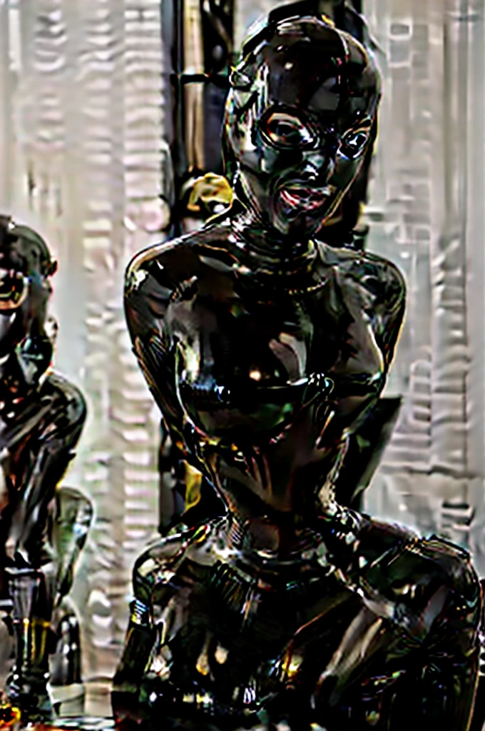 (far shot, full shot), photorealistic masterpiece, photoshoot, hasselblad photography, face, (skinny) Adult waitress wearing a silver (latex mask, latex hood, open latex catsuit:1.5), (large breasts, perfect cleavage, round breasts, plunging neckline:1.2), extremely detailed face, beautiful face, cinematic lightning, (studio lighting), (serving in a restaurant, holding a plate, dishes, food, serving:1.2)