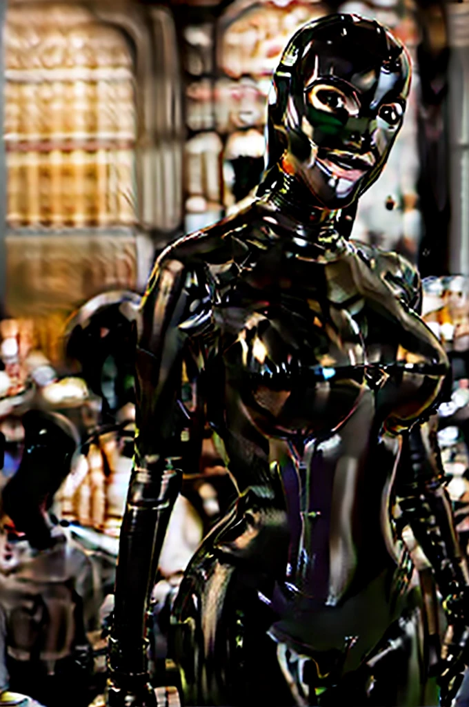 (far shot, full shot), photorealistic masterpiece, photoshoot, hasselblad photography, face, (skinny) Adult waitress wearing a silver (latex mask, latex hood, open latex catsuit:1.5), (large breasts, perfect cleavage, round breasts, plunging neckline:1.2), extremely detailed face, beautiful face, cinematic lightning, (studio lighting), (serving in a restaurant, holding a plate, dishes, food, serving:1.2)