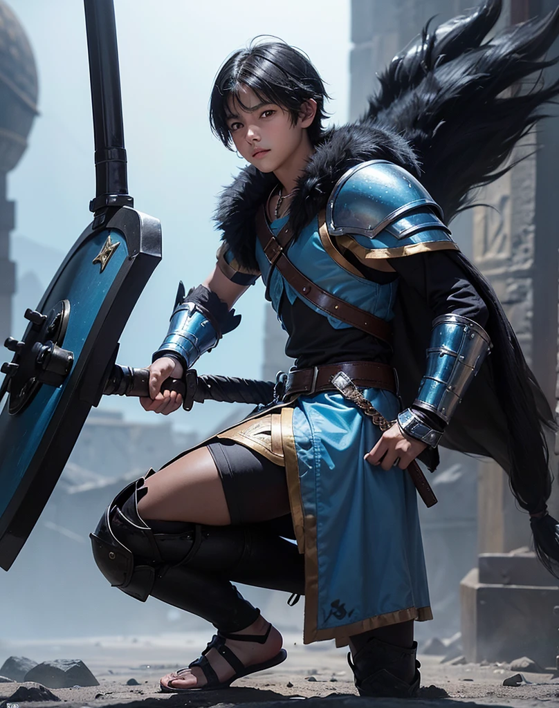 Young 13-year-old boy with black hair and brown eyes, innocent and happy, dressed in short neon-blue medieval barbarian clothes, fur shorts, light-blue battle armor, weilding silver sword and shield, sandals; fullbody; short hair, boyish athletic, sexy, medieval background