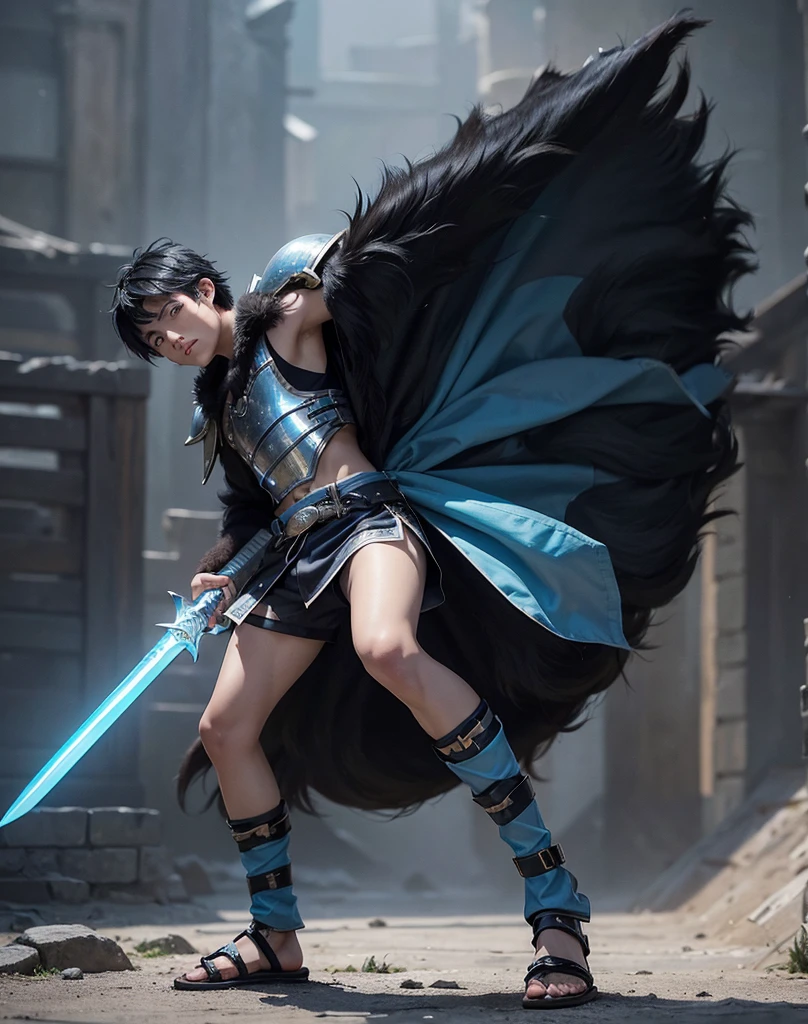 Young 13-year-old boy with black hair and brown eyes, innocent and happy, dressed in short neon-blue medieval barbarian clothes, fur shorts, light-blue battle armor, weilding silver sword and shield, sandals; fullbody; short hair, boyish athletic, sexy, medieval background
