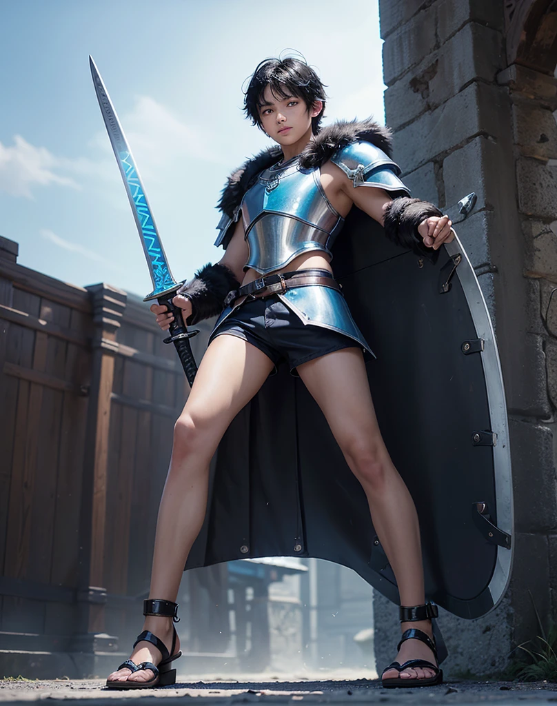 Young -yeld boith black hair and brown eyes, innocent and happy, dressed in short neon-blue medieval barbarian clothes, fur shorts, light-blue battle armor, weilding silver sword and shield, sandals; fullbody; short hair, boyish athletic, sexy, medieval background