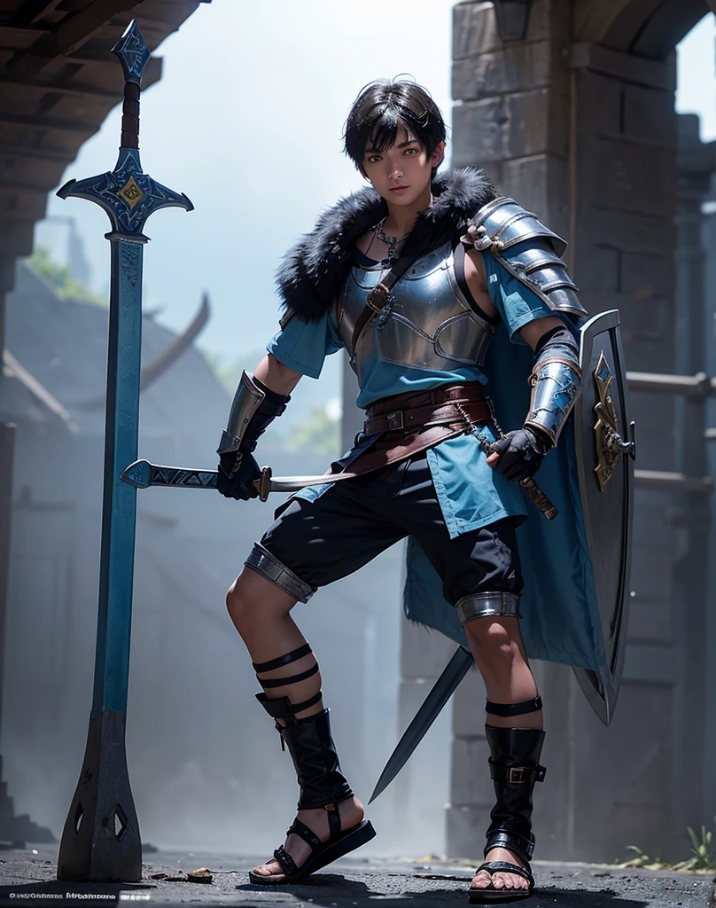 Young 13-year-old boy with black hair and brown eyes, innocent and happy, dressed in short neon-blue medieval barbarian clothes, fur shorts, light-blue battle armor, weilding silver sword and shield, sandals; fullbody; short hair, boyish athletic, sexy, medieval background