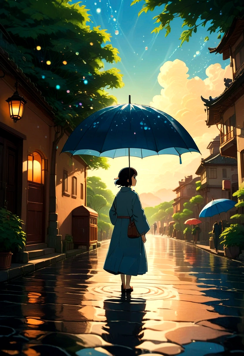 Person with an Umbrella, by Studio Ghibli, RAW photo, 35mm photograph, bokeh, best quality, masterpiece, very aesthetic, perfect composition, intricate details, ultra-detailed