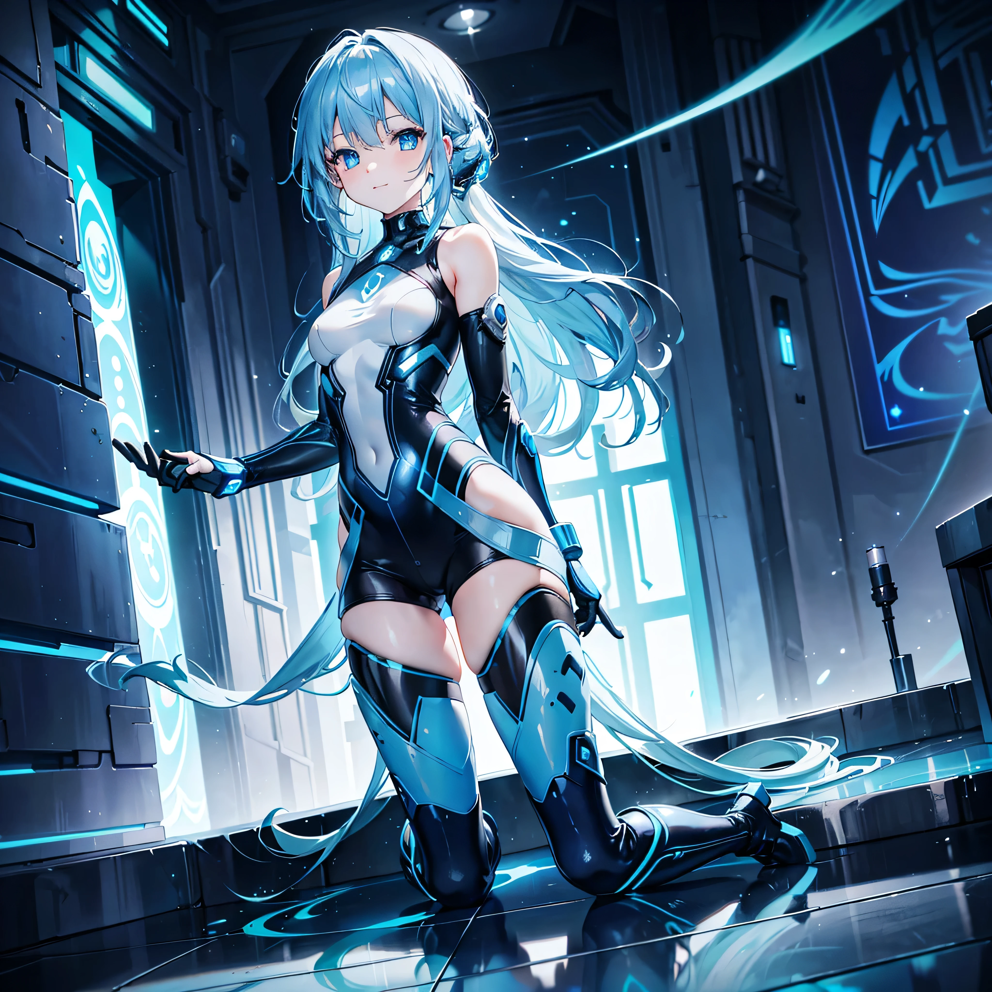 8K, Highest quality, (real:1.4), Original photo, 1 girl, Asari Hair, Biological Amplifier, Very sleek and futuristic armor, posture: Peace talks ween warring factions,,attention arousal, smart blue eyes,A modest smile,Knee-high boots,Patent-look blue tights,Blue big moon and blue light swirl in the background,Blue light from behind,blue light magic,A small, glowing blue ball in the palm of your hand,Blue flame swirl,Blue Comet,Polished floor,