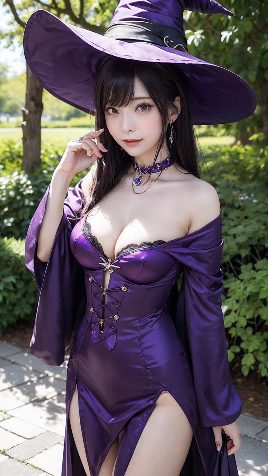 (A revealing purple witch cosplay:1.4、Witch Hat、Witch&#39;s wand、Witch&#39;s Short Skirt、Witch Boots、Witch sitting by the window:1.4、Cosplay with jeweled decorations)、Embarrassed expression、Worried brow、Braiding, Thighs、Camel Toe、knees、Big nipples、Chest to chest, choker、Beautiful eyes、Gorgeous earrings、Beautiful woman with perfect figure、Slim Abs、Thick black hair, (Big boobs bigger than your head:1.4), Highly detailed face and skin texture, double eyelid, Exposed breasts,  (Fishnet tights)、(Starry night sky:1.4)、(Night Sky、Starry Sky、Crescent Moon、Night Skyの背景:1.4)、(Showing the viewer her thong panties:1.4)