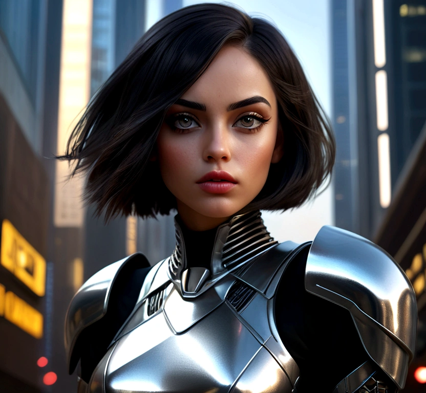 1 girl, beautiful detailed eyes, beautiful detailed lips, extremely detailed face and portrait, long dark hair in bob cut, silver futuristic metallic armor dress, standing on futuristic city street with skyscrapers, cyberpunk, enki bilal style, dramatic cinematic lighting, realistic, intricate details, dark moody colors, dramatic shadows, chiaroscuro, (best quality,4k,8k,highres,masterpiece:1.2),ultra-detailed,(realistic,photorealistic,photo-realistic:1.37),cinematic,dramatic