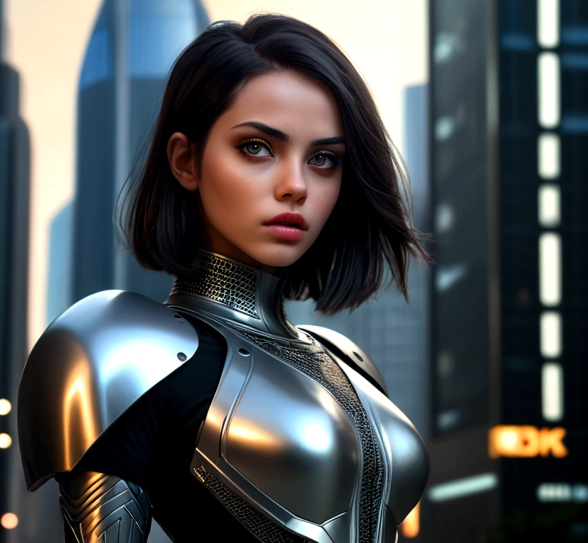 1 girl, beautiful detailed eyes, beautiful detailed lips, extremely detailed face and portrait, long dark hair in bob cut, silver futuristic metallic armor dress, standing on futuristic city street with skyscrapers, cyberpunk, enki bilal style, dramatic cinematic lighting, realistic, intricate details, dark moody colors, dramatic shadows, chiaroscuro, (best quality,4k,8k,highres,masterpiece:1.2),ultra-detailed,(realistic,photorealistic,photo-realistic:1.37),cinematic,dramatic