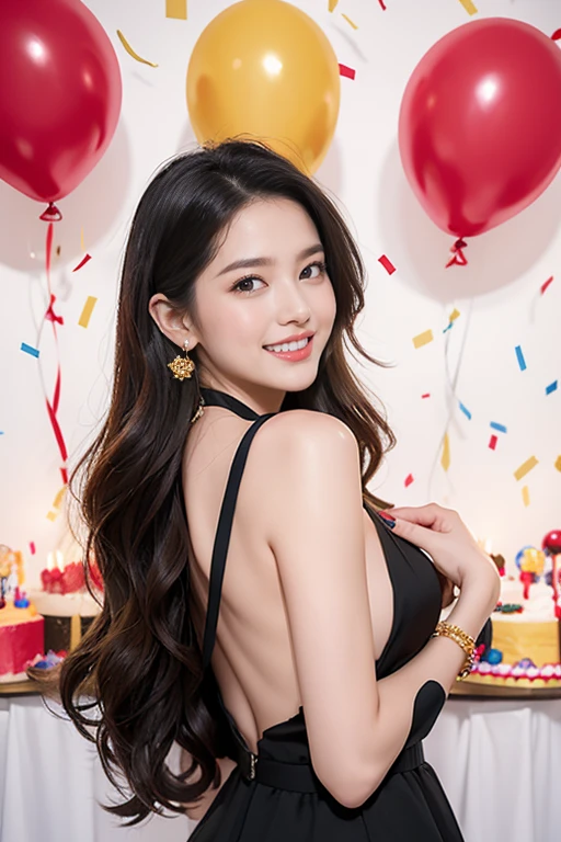 highest quality、8K、Perfect Face、Perfect Style、perfect body、Sunburn、beautiful lady、mature、long curly layer hair、Swept-back hair、full body, sexy 、charming、healthy、
Generate a hyper-realistic image of a beautiful lady celebrating her birthday. She is standing in front of a decorated table with a beautifully designed cake adorned with flowers and butterflies. The background features a variety of colorful balloons, including red, gold, and transparent balloons with confetti. The woman is posing with her hands on her cheeks, smiling joyfully. She is wearing a plain color black dress.