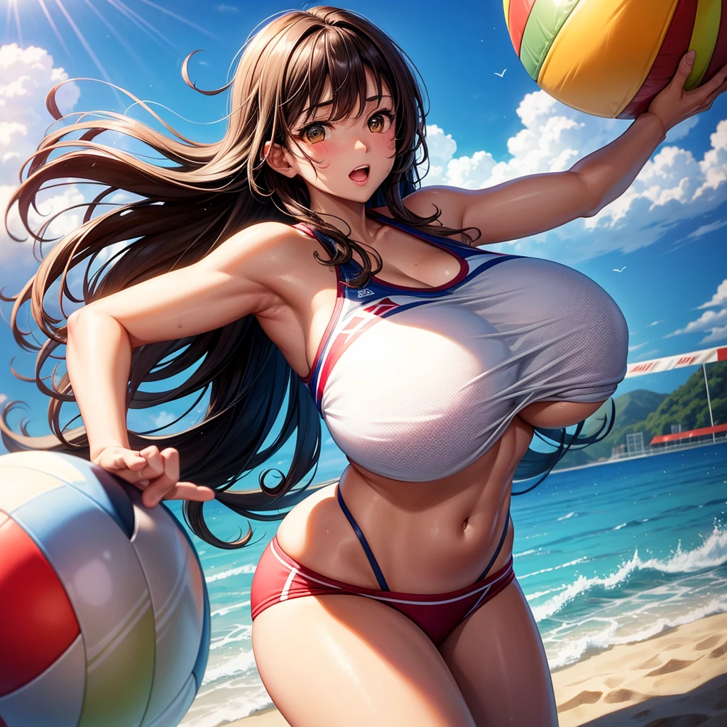 / Brown eyes, long dark hair, / big tits / girl with、lighting like a movie、The bikini、beachvolley、beach volley ball、spring、jump、huge tit、jump、shout out、