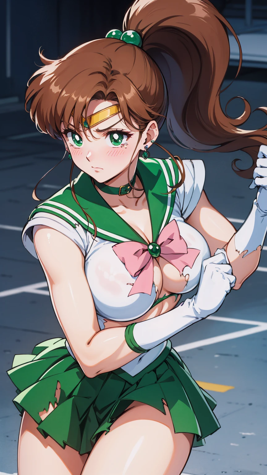 Highest quality, High resolution, 1990s \(style\), retro artstyle, 1990s anime cels style, Sailor Jupiter, Fighting, Sailor Warrior Uniform, Green sailor collar, White gloves, Green pleated skirt, Pink ribbon, ponytail, jewelry, Earrings、(Torn clothes、tits)、Dynamic、廃墟でFighting、Torture scene、Torture chamber、Tortured Woman、tears、blush、sad