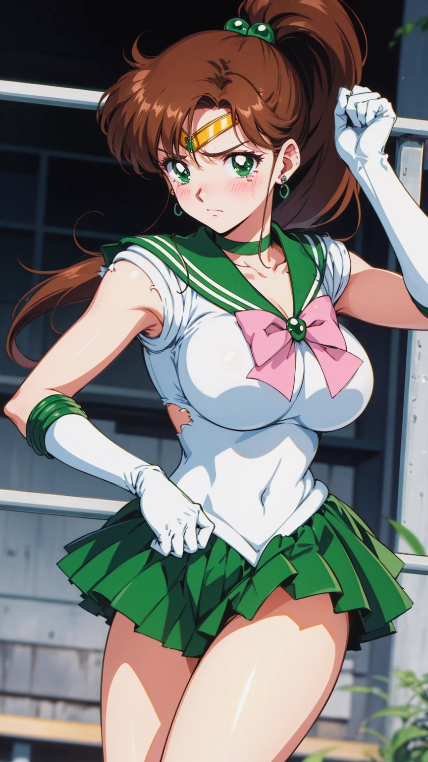 Highest quality, High resolution, 1990s \(style\), retro artstyle, 1990s anime cels style, Sailor Jupiter, Fighting, Sailor Warrior Uniform, Green sailor collar, White gloves, Green pleated skirt, Pink ribbon, ponytail, jewelry, Earrings、(Torn clothes、tits)、Dynamic、廃墟でFighting、Torture scene、Torture chamber、Tortured Woman、tears、blush、sad