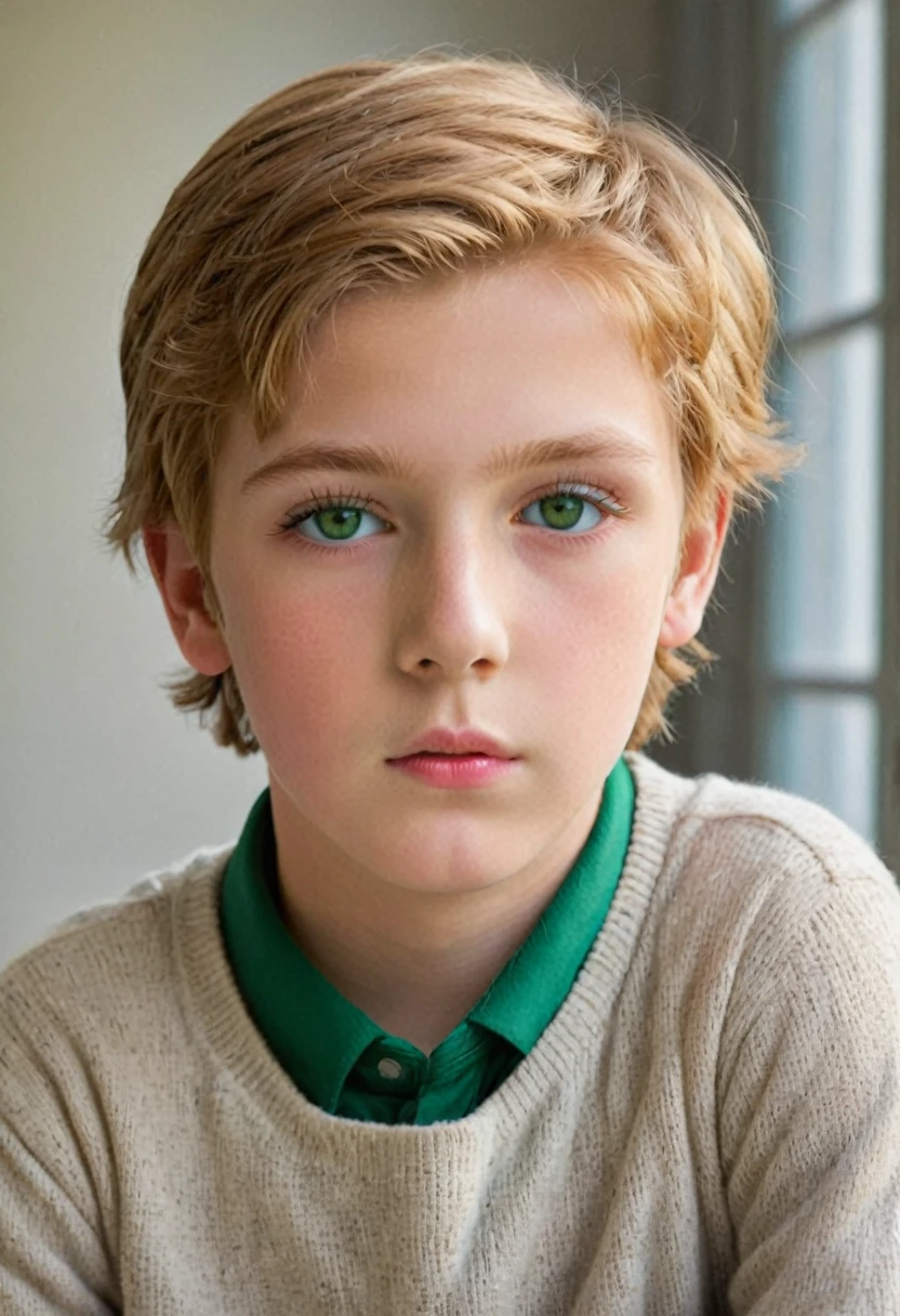 jeune garçon very realistic, At school, couleur de cheveux chatin clair, very realistic, Highly detailed green eyes