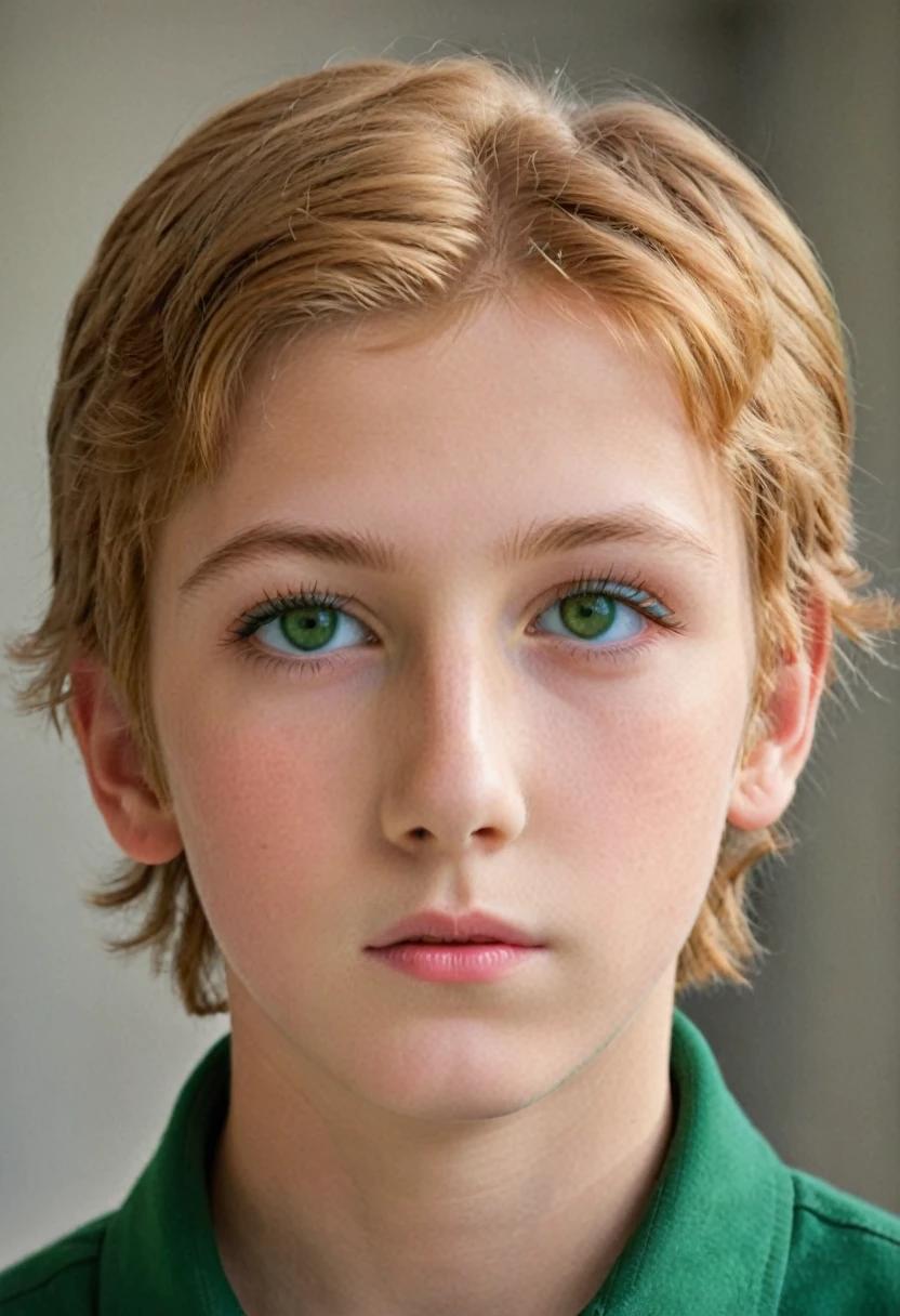 jeune garçon very realistic, At school, couleur de cheveux chatin clair, very realistic, Highly detailed green eyes