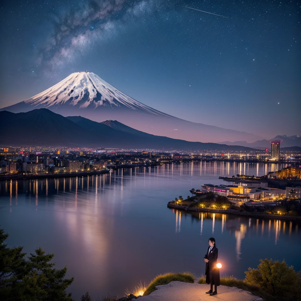 1 girl, black suit with tie, black long coat, standing in the lake, bird view, sci fi mountain, There is glare,looking in the front, night with moon in the sky, mountain fuji, sci fi mountain fuji, fuji