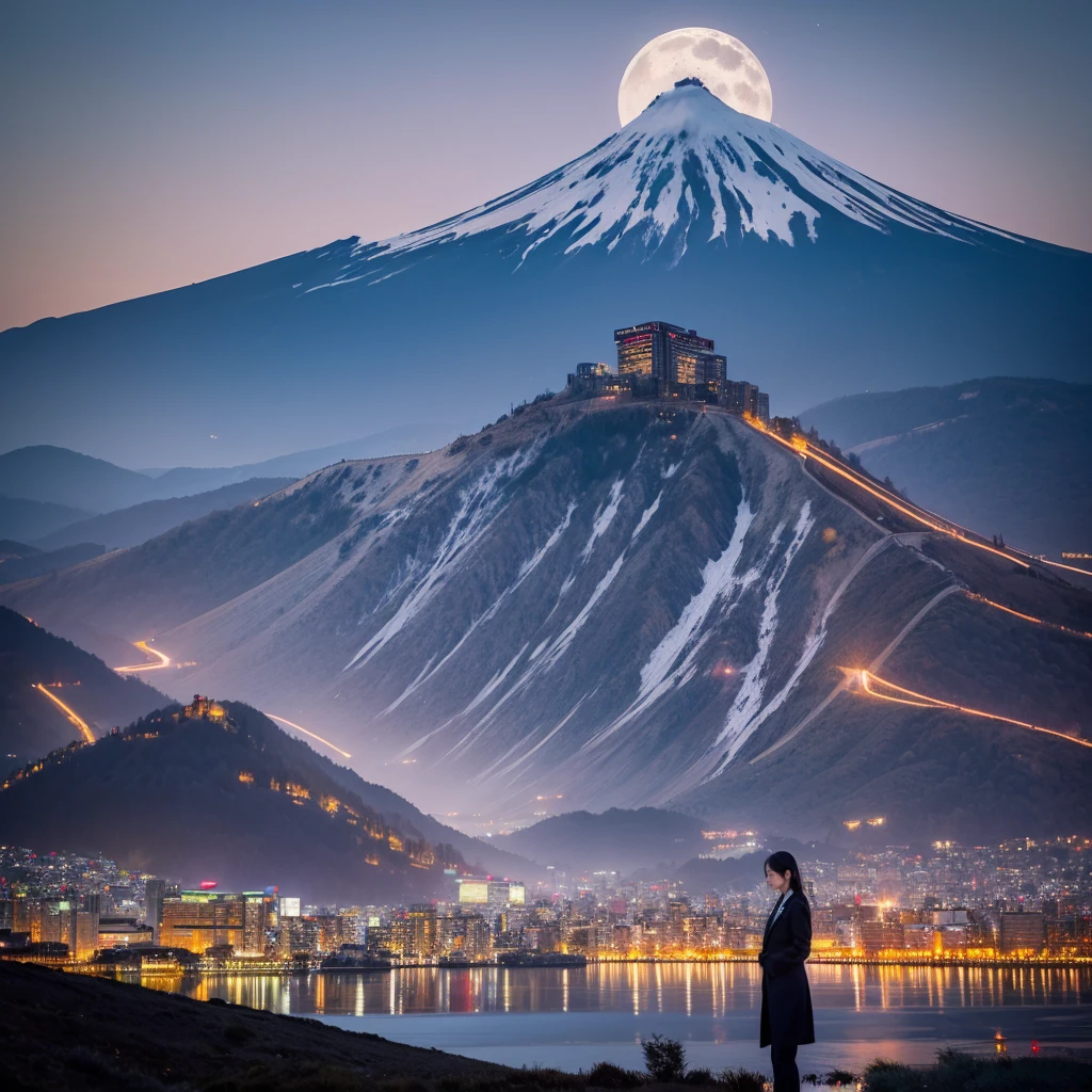 1 girl, black suit with tie, black long coat, standing in the lake, bird view, sci fi mountain, There is glare,looking in the front, night with moon in the sky, mountain fuji, sci fi mountain fuji, fuji