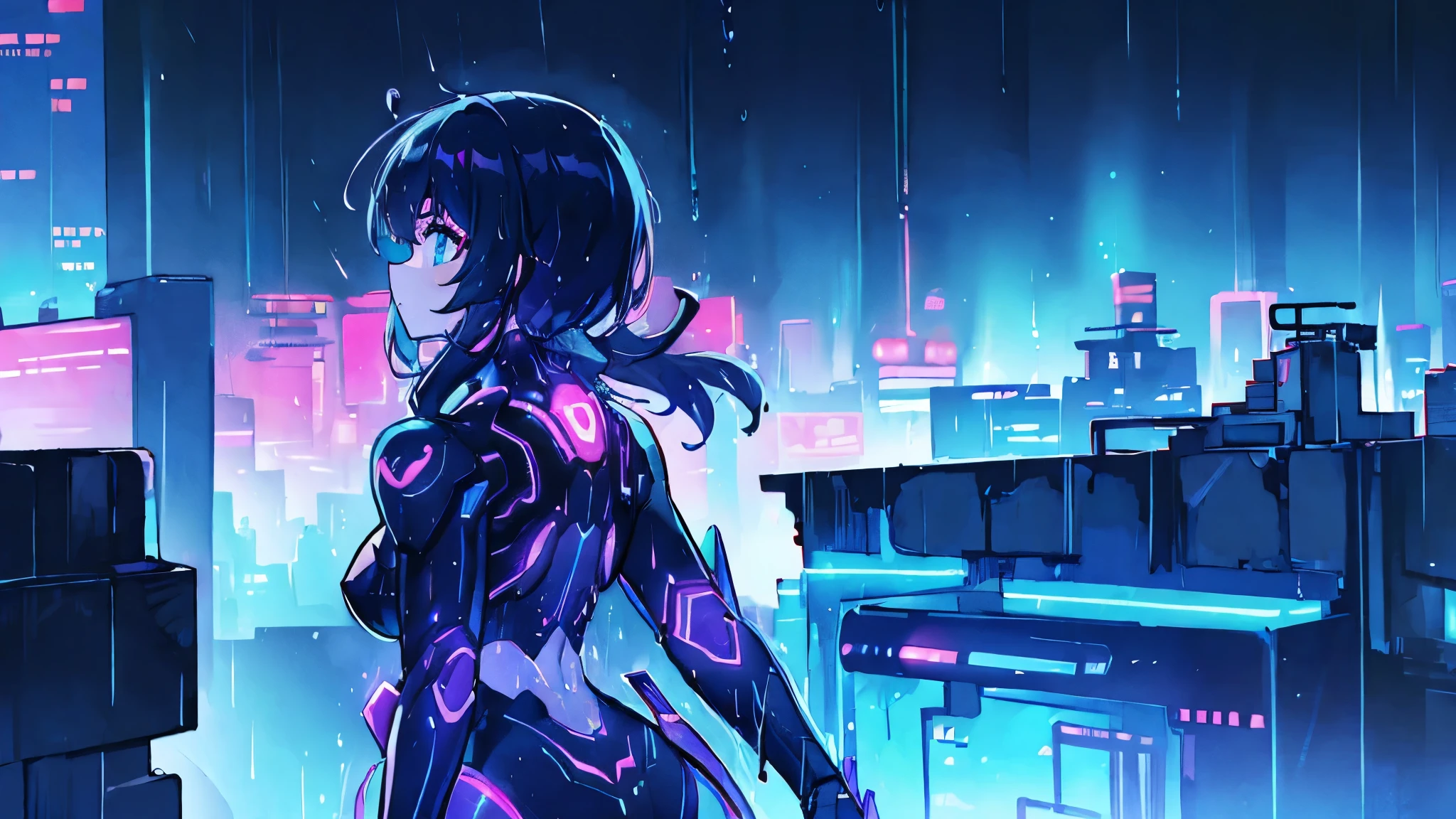 woman、Back view、Neon City、Cyberpunk City, Futuristic, heavy rain, 8K, アニメ壁紙 8K, Absurd, Super sharp, night, street, Japan, Blue atmosphere, raindrop, Rain-soaked body