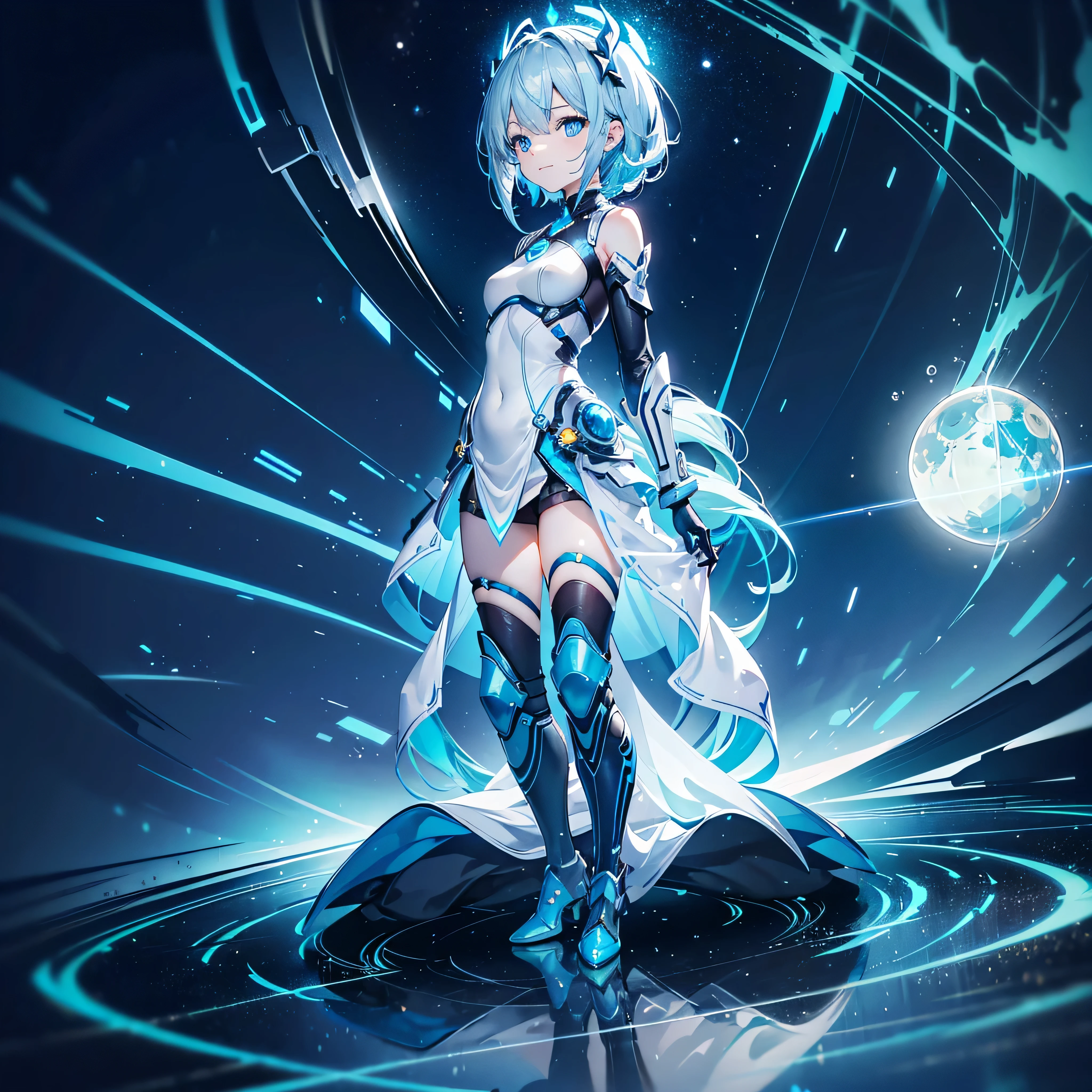 8K, Highest quality, (real:1.4), Original photo, 1 girl, Asari Hair, Biological Amplifier, Very sleek and futuristic armor, posture: Peace talks between warring factions,,attention arousal, smart blue eyes,A modest smile,Knee-high boots,Patent-look blue tights,Blue big moon and blue light swirl in the background,Blue light from behind,blue light magic,A small, glowing blue ball in the palm of your hand,Blue flame swirl,Blue Comet,Polished floor,