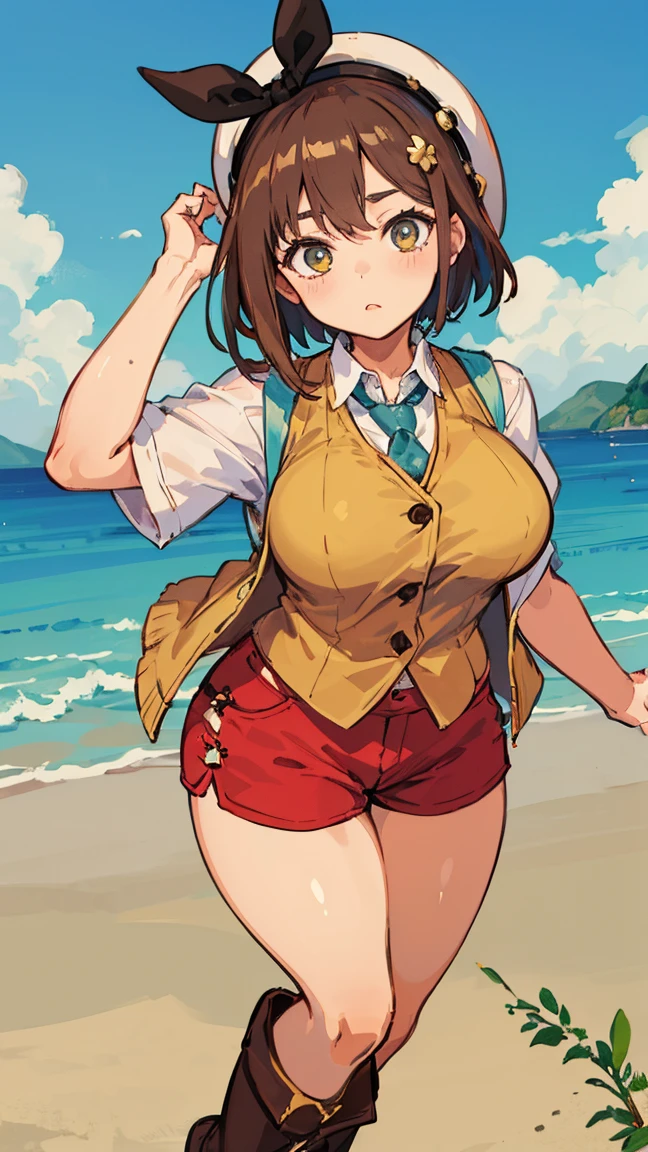 (Highest quality, 8K, masterpiece :1.3),Lizaリン・シュタウト(Lizaのアトリエ),Liza,Plump, One woman,Large Breasts,short hair,Brown Hair,hair band,Clothing,hat,White shirt,Yellow and white vest,Red shorts,Brown long boots