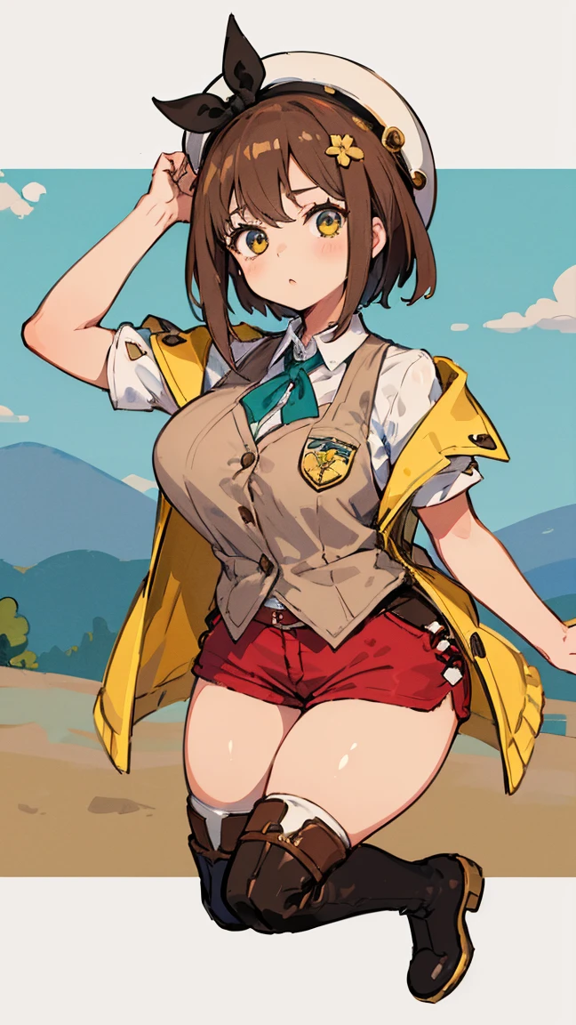 (Highest quality, 8K, masterpiece :1.3),Lizaリン・シュタウト(Lizaのアトリエ),Liza,Plump, One woman,Large Breasts,short hair,Brown Hair,hair band,Clothing,hat,White shirt,Yellow and white vest,Red shorts,Brown long boots