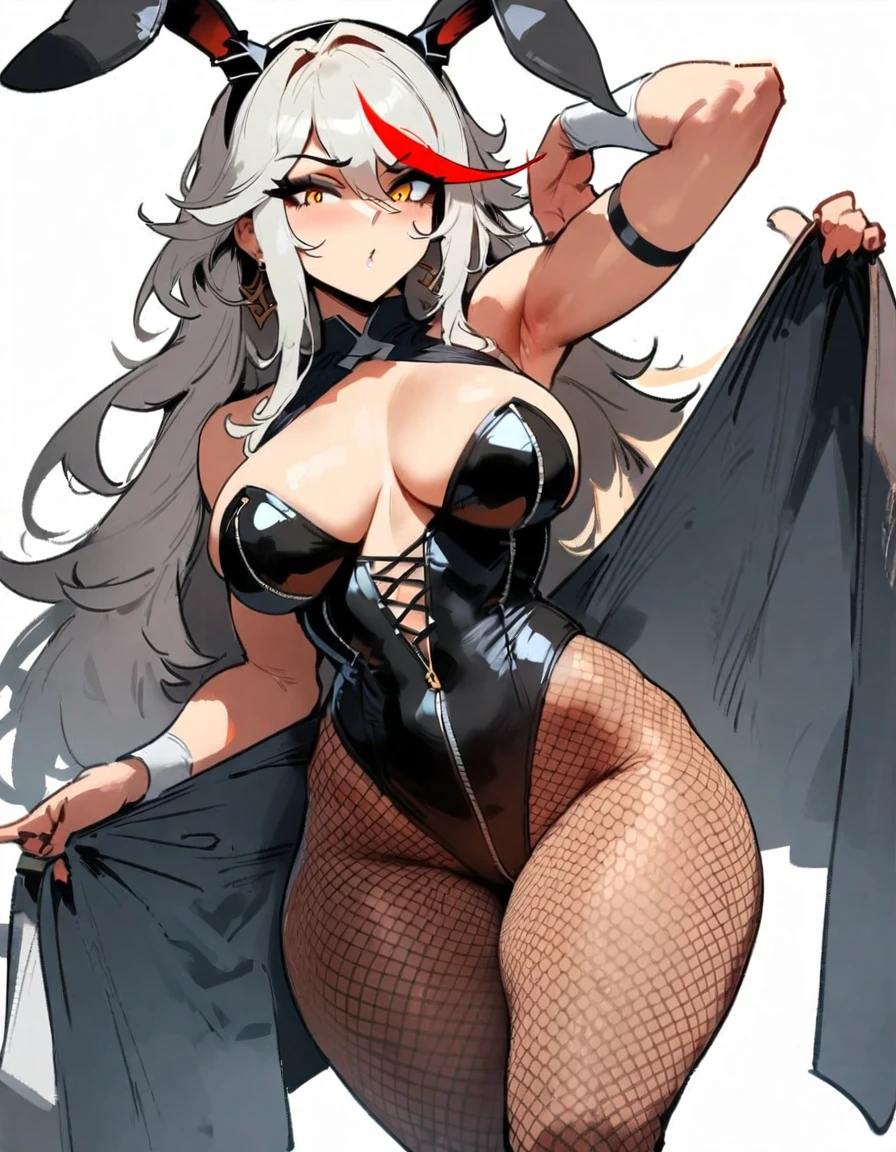 1girl, aegir \(azur lane\), azur lane \\\\\ masterpiece, best quality, very aesthetic, absurdres, newest \\\\\\ sportive body,  \\\\\\ by nyantcha,,by cutesexyrobutts,by khyle ///// white hair with a single prominent red streak, black horns, yellow eyes, \\\\\\ bunnysuit without bunny ears,white background,standing, fishnet pantyhose,