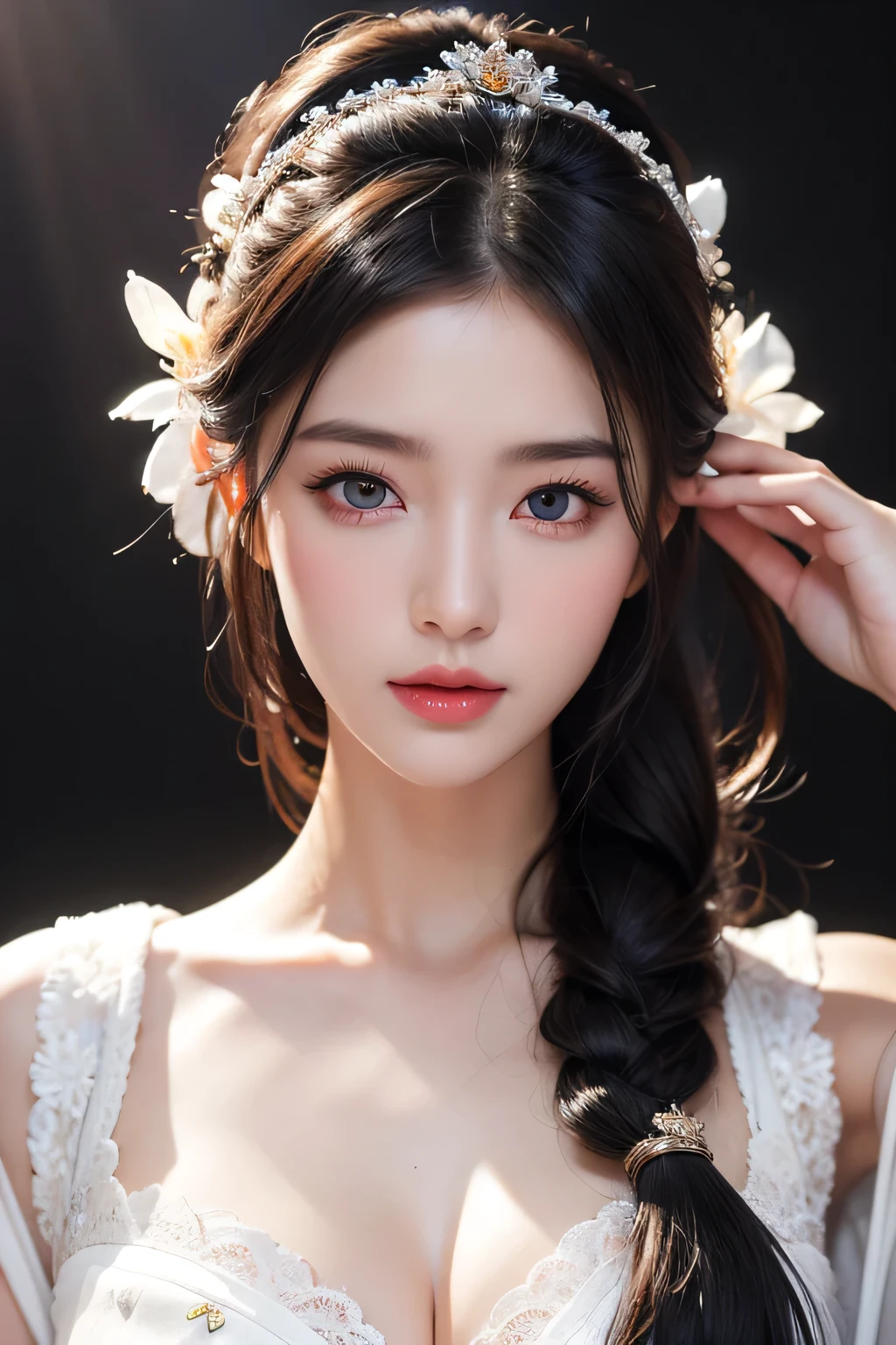 A woman with long hair wearing a white dress and a flower in her hair ...