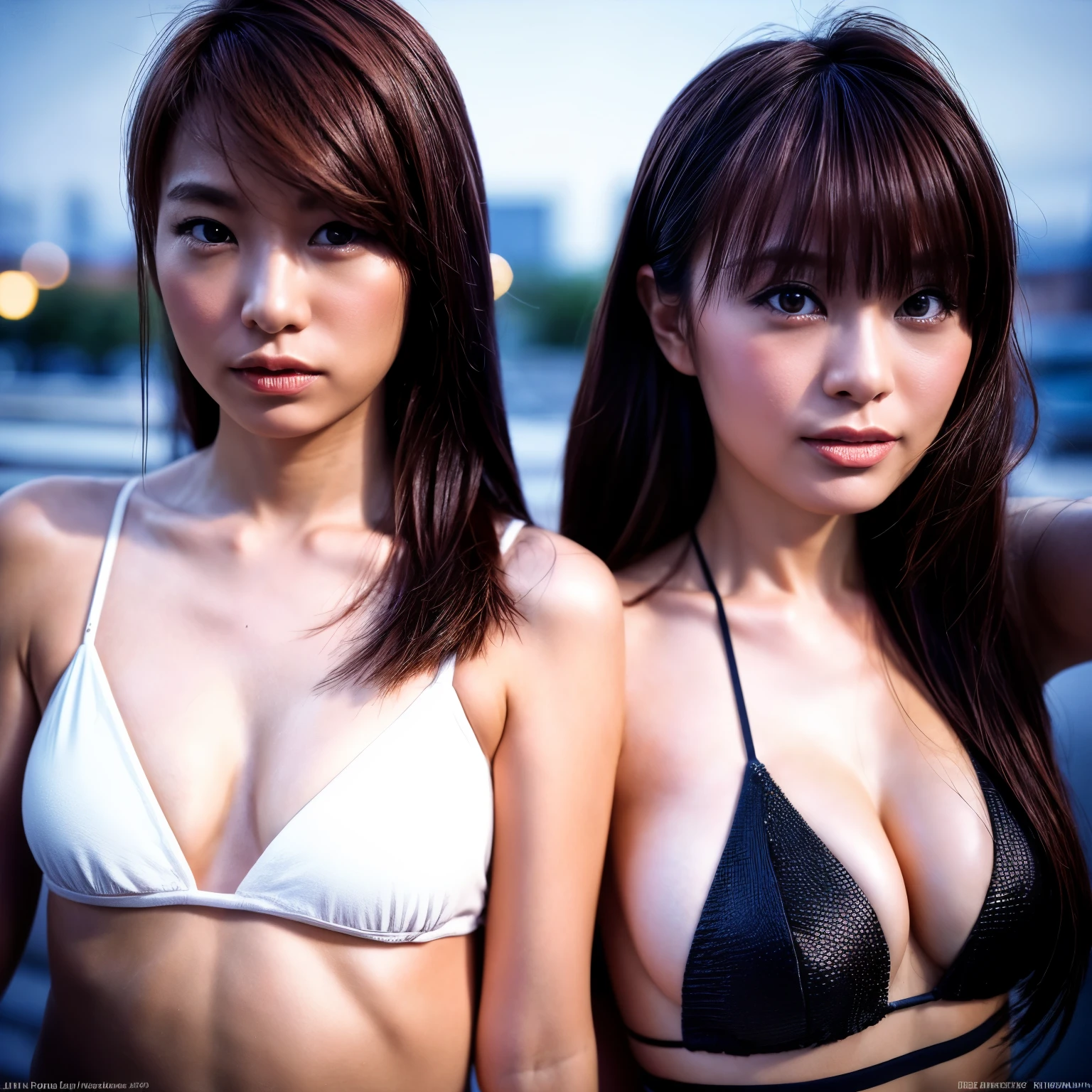 Identical twin sisters kissing、(Upper Body:1.4), Goth Fashion, Dystopia, Tokyo, Minimum, Harmony, Tranquility, Cinematic Light, Magic Hour, A strong wind is blowing, Girl overlooking the city, thin, Floating Medium Hair, Diffused, Natural skin glow, bangs, Deep Shadow, Gothic Punk, masterpiece, Highest quality, RAW Photos, Sigma 50mm f1.4, Frank, 24-years-old
