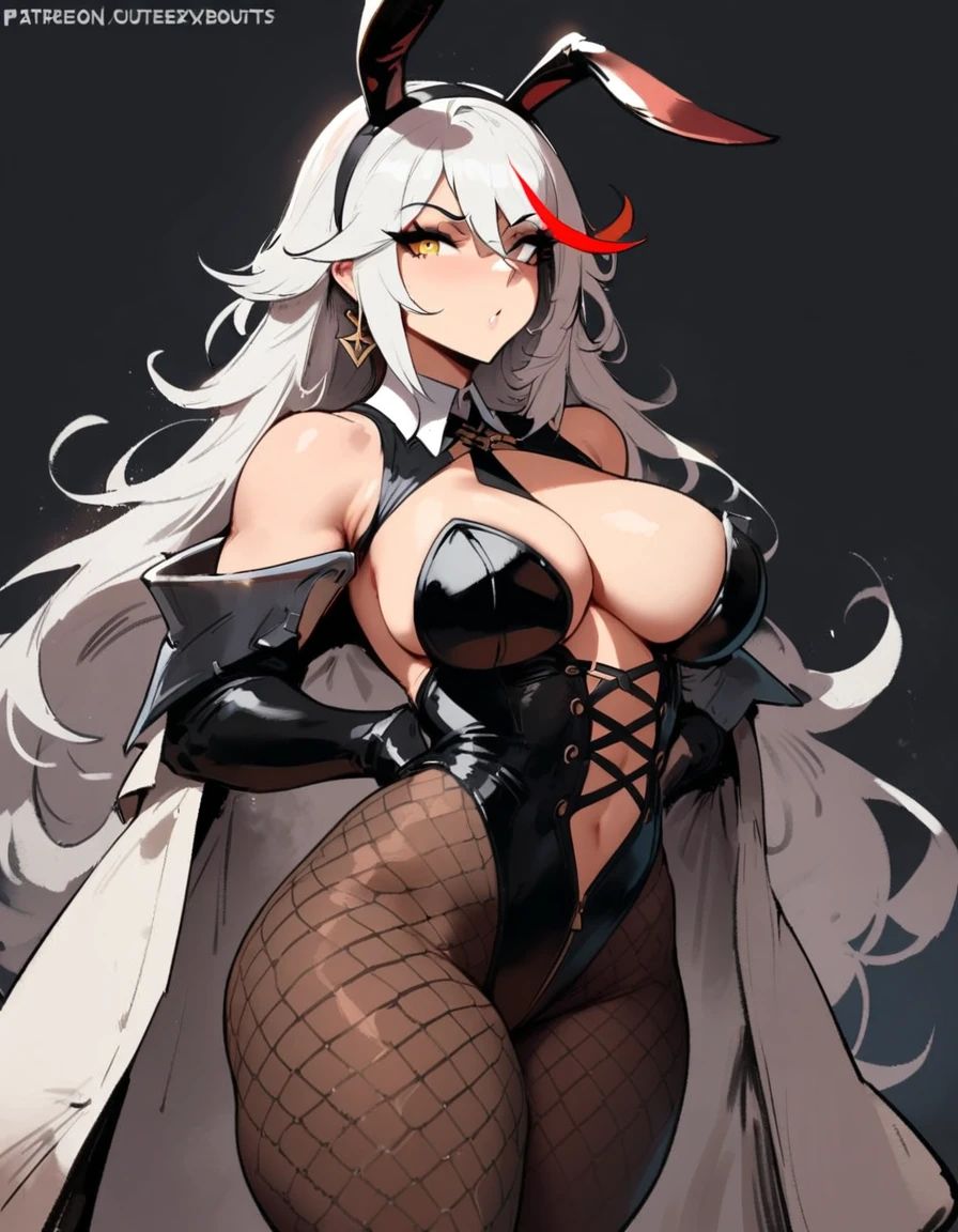 1girl, aegir \(azur lane\), azur lane \\\\\ masterpiece, best quality, very aesthetic, absurdres, newest \\\\\\ sportive body,  \\\\\\ by nyantcha,,by cutesexyrobutts,by khyle ///// white hair with a single prominent red streak, black horns, yellow eyes, \\\\\\ bunnysuit without bunny ears,white background,standing, fishnet pantyhose,