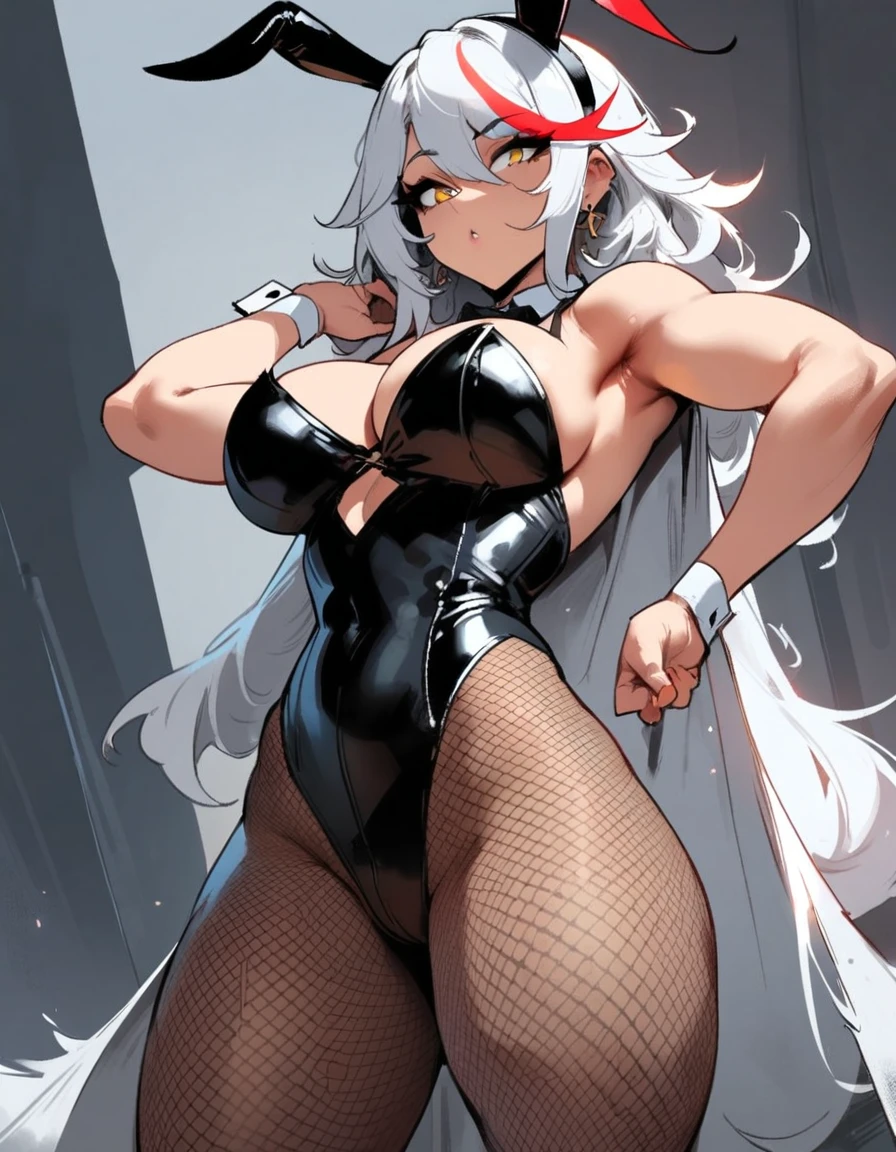 1girl, aegir \(azur lane\), azur lane \\\\\ masterpiece, best quality, very aesthetic, absurdres, newest \\\\\\ sportive body,  \\\\\\ by nyantcha,,by cutesexyrobutts,by khyle ///// white hair with a single prominent red streak, black horns, yellow eyes, \\\\\\ bunnysuit without bunny ears,white background,standing, fishnet pantyhose,