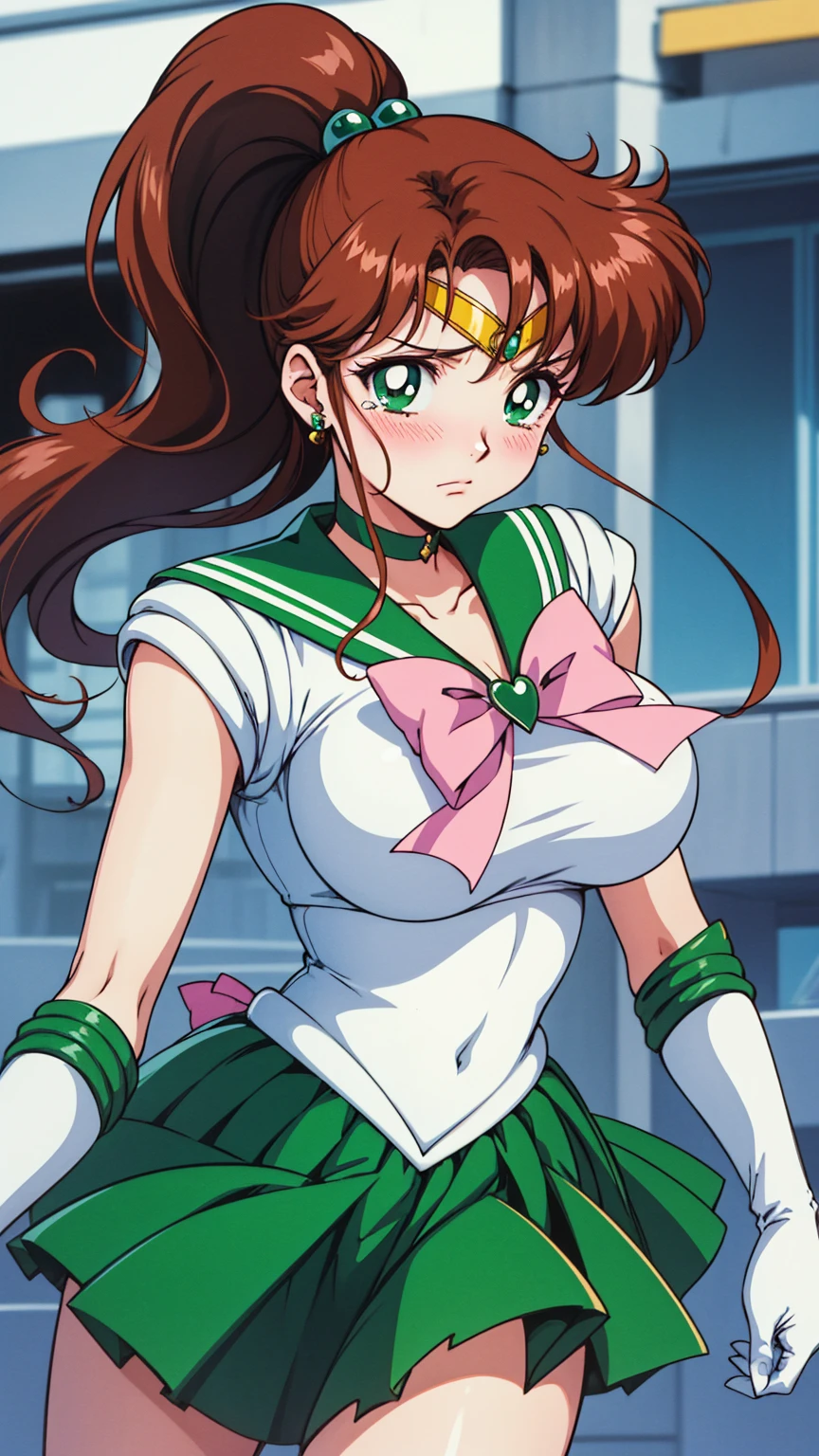 Highest quality, High resolution, 1990s \(style\), retro artstyle, 1990s anime cels style, Sailor Jupiter, Fighting, Sailor Warrior Uniform, Green sailor collar, White gloves, Green pleated skirt, Pink ribbon, ponytail, jewelry, Earrings、(Torn clothes、tits)、Dynamic、廃墟でFighting、Torture scene、Torture chamber、Tortured Woman、tears、blush、sad