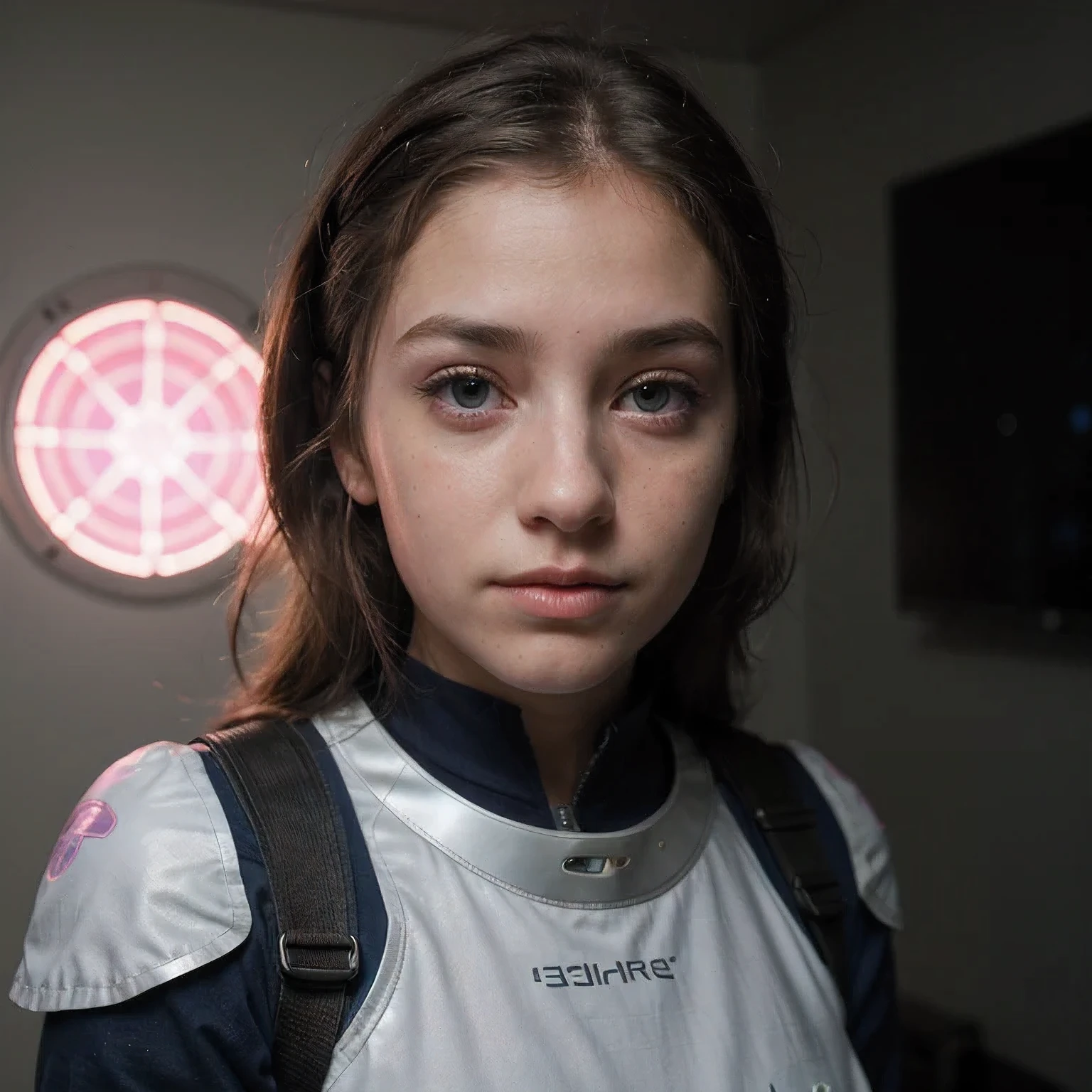 Photo of a college student, Purple Pink, Futuristic space suit, (freckle:0.8) Cute face, Science Fiction, Dystopia, Delicate eyes, Green pupils（（side view））