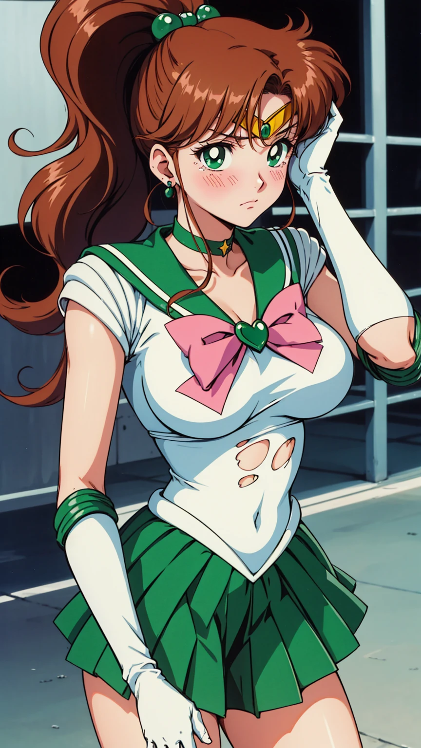 Highest quality, High resolution, 1990s \(style\), retro artstyle, 1990s anime cels style, Sailor Jupiter, Fighting, Sailor Warrior Uniform, Green sailor collar, White gloves, Green pleated skirt, Pink ribbon, ponytail, jewelry, Earrings、(Torn clothes、tits)、Dynamic、廃墟でFighting、Torture scene、Torture chamber、Tortured Woman、tears、blush、sad
