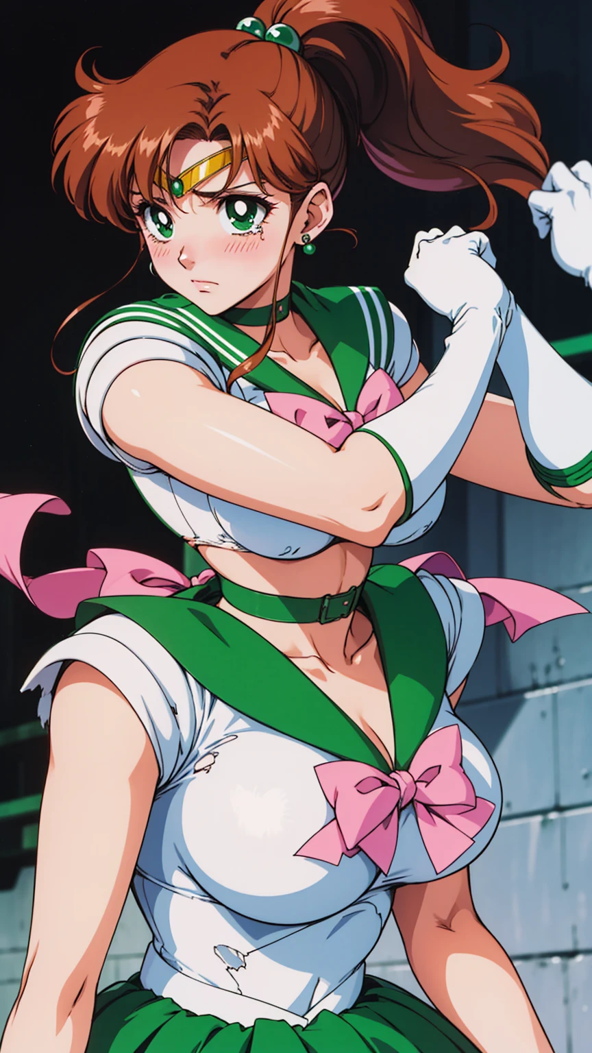 Highest quality, High resolution, 1990s \(style\), retro artstyle, 1990s anime cels style, Sailor Jupiter, Fighting, Sailor Warrior Uniform, Green sailor collar, White gloves, Green pleated skirt, Pink ribbon, ponytail, jewelry, Earrings、(Torn clothes、tits)、Dynamic、廃墟でFighting、Torture scene、Torture chamber、Tortured Woman、tears、blush、sad