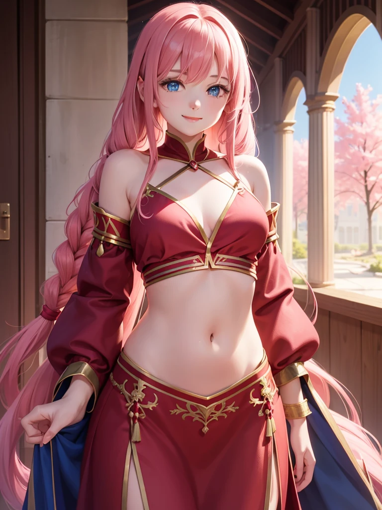Young girl, Long pink hair, (single braid), (blue eyes:1.2),  red Robe, No sleeve, Deep neckline, Open chest, Open the belly, smile, masterpiece, high quality, High detail, High resolution, 4K