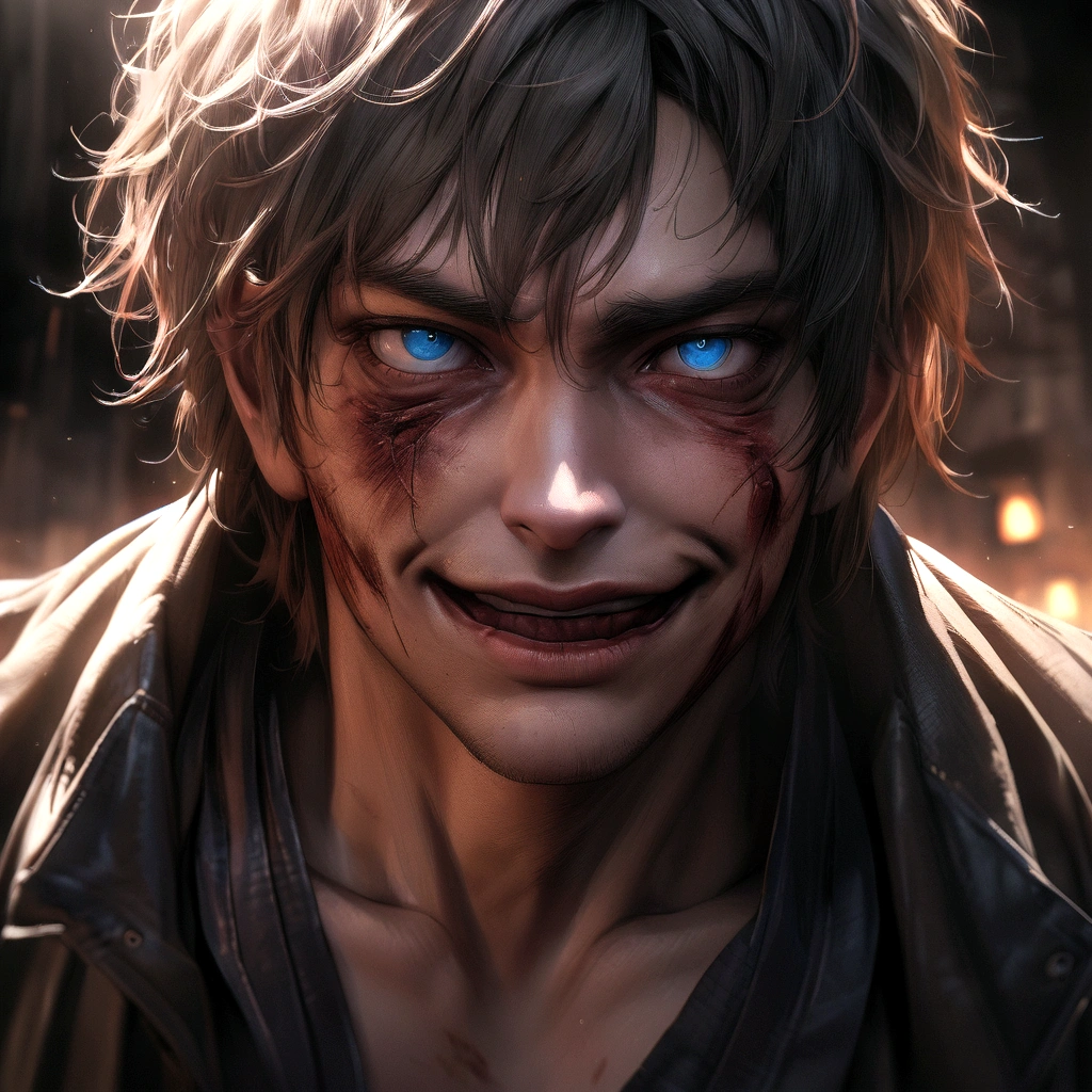 /imagine prompt: A highly detailed closeup shot of an injured guy with a bloodied face and blue eyes, looking directly into the camera with a sinister, evil smile. The background is blurred, emphasizing his intense expression and the severity of his injuries. Created Using: intricate shading techniques, hyper-realistic textures, dramatic lighting, cinematic effect, hd quality, natural look --ar 1:1 --v 6.0
